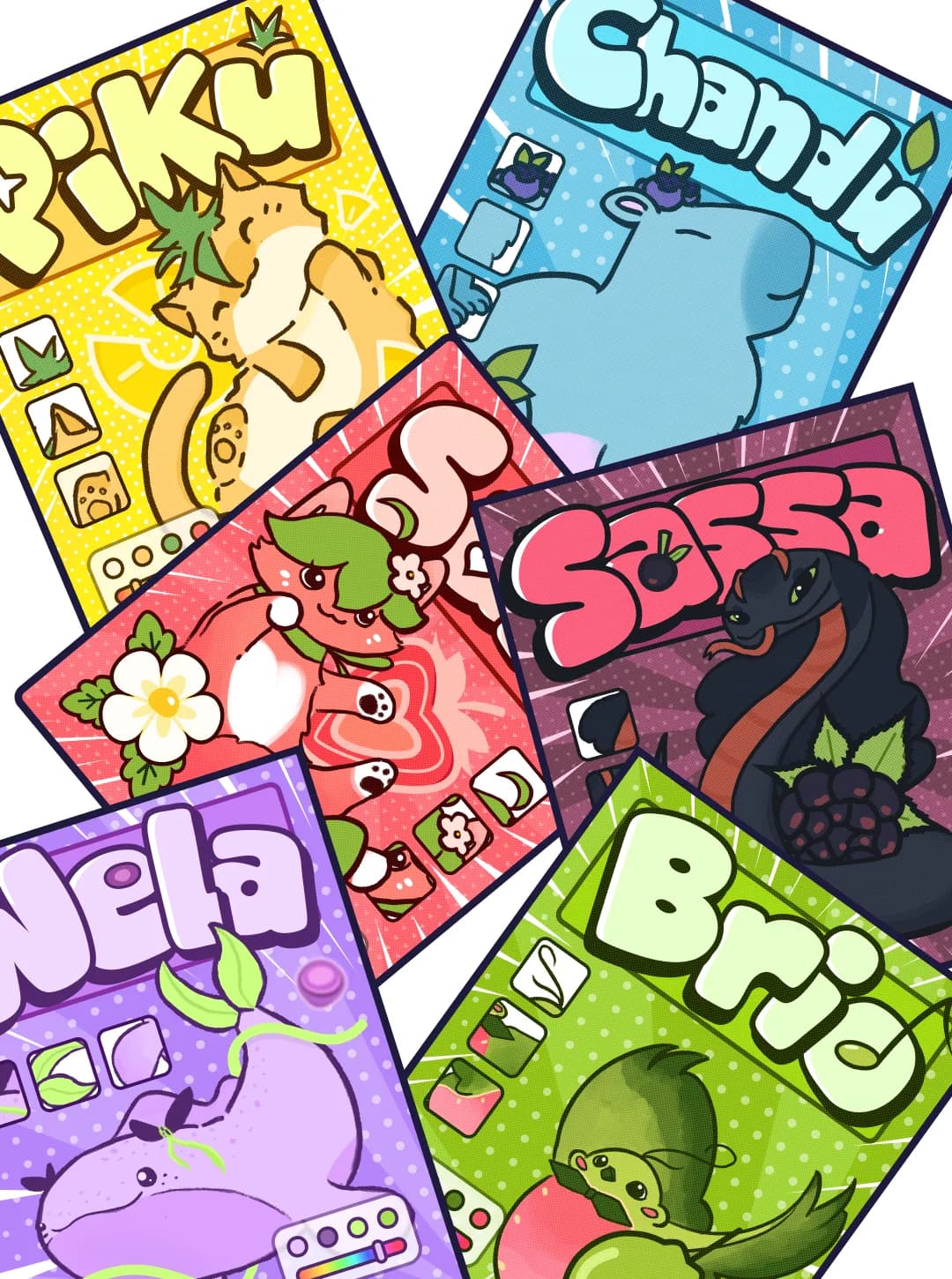 Six overlapping mascot cards in bubble lettering named Piku, Chandu, Sassa, Nela and Brio