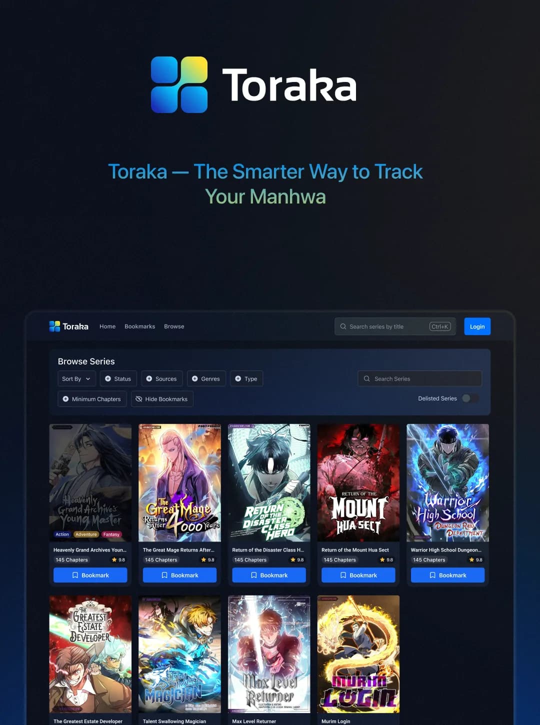 Toraka logo above the line The Smarter Way to Track Your Manhwa and a Browse Series grid with bookmark buttons