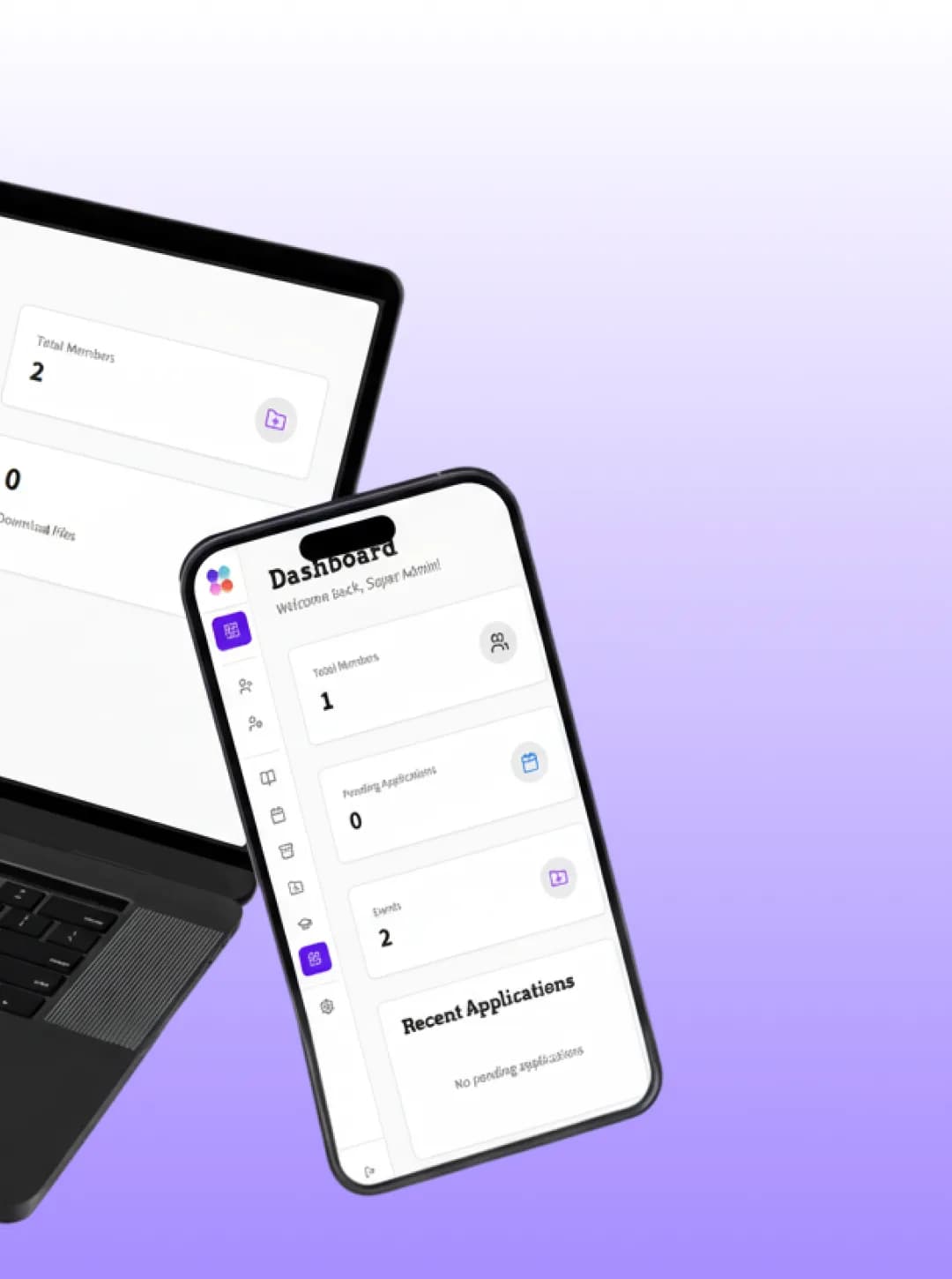 Phone and laptop mockups on lilac, the phone showing the mobile Dashboard with Recent Applications empty