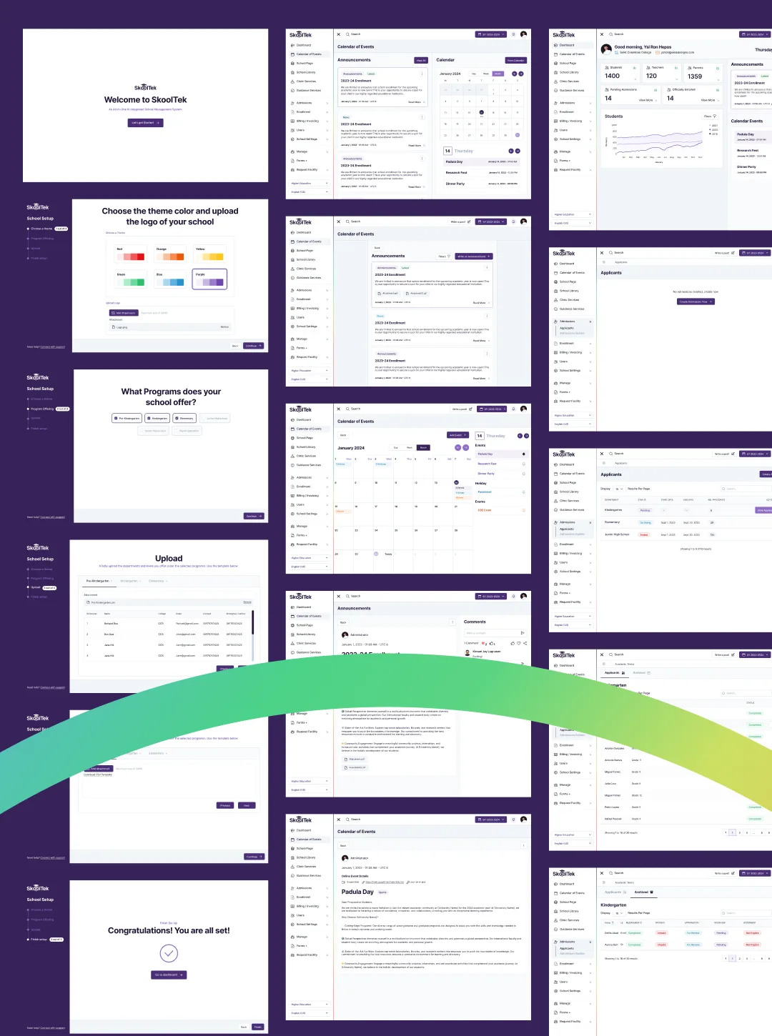 Grid of dozens of SkoolTek screens from welcome and setup through calendar of events, crossed by a green arc