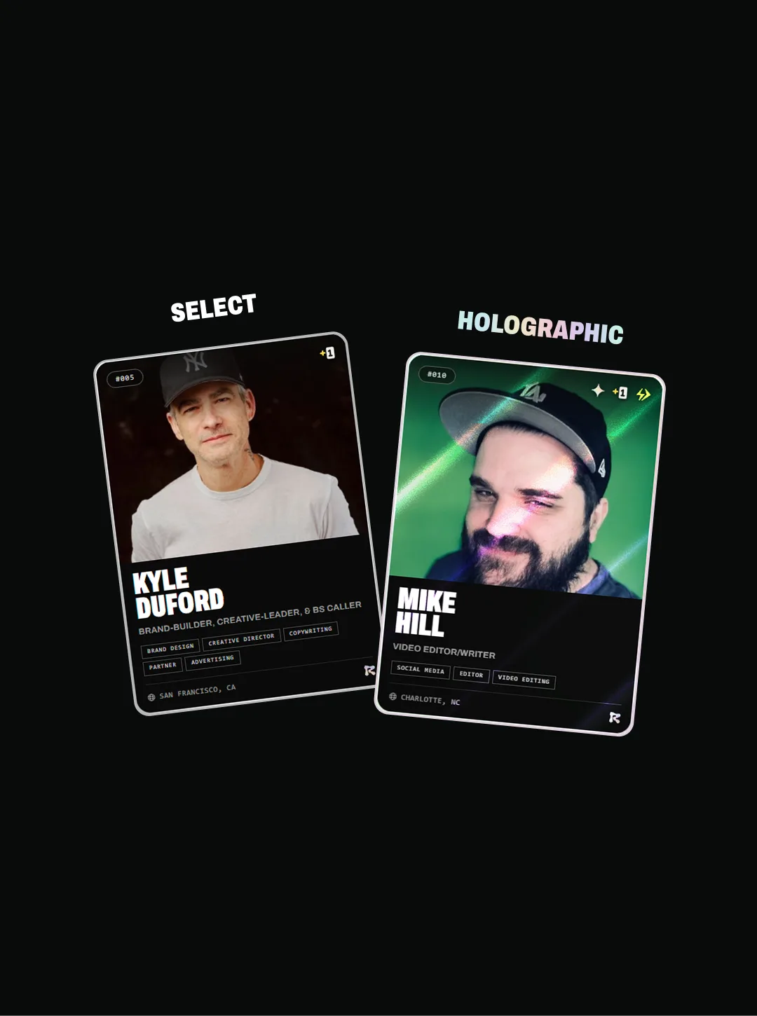 Select and Holographic card tiers shown with Kyle Duford's dark card and Mike Hill's green foil card
