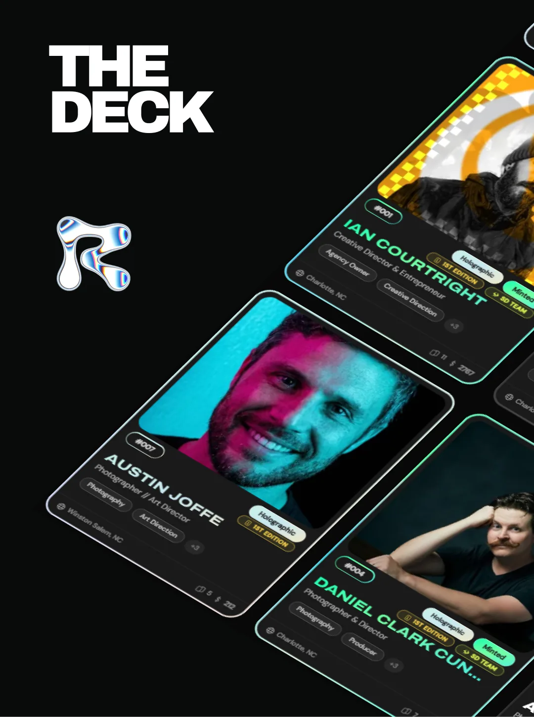 The Deck title beside the R mark with tilted profile cards for Ian Courtright, Austin Joffe and Daniel Clark Cunningham