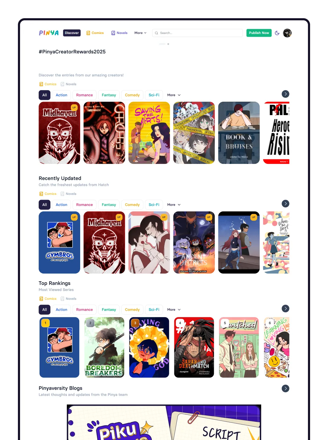 Pinya.io Discover page with #PinyaCreatorRewards2025 and grids of comic covers under Recently Updated and Top Rankings