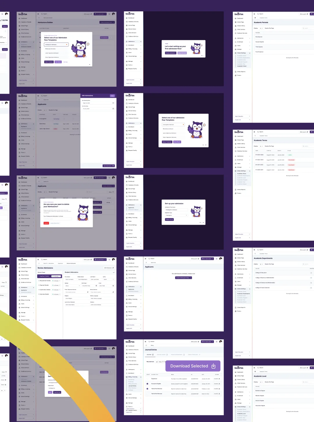 Wall of dark SkoolTek admin screens with purple owl mascot dialogs and a Download Selected button on the applicant list