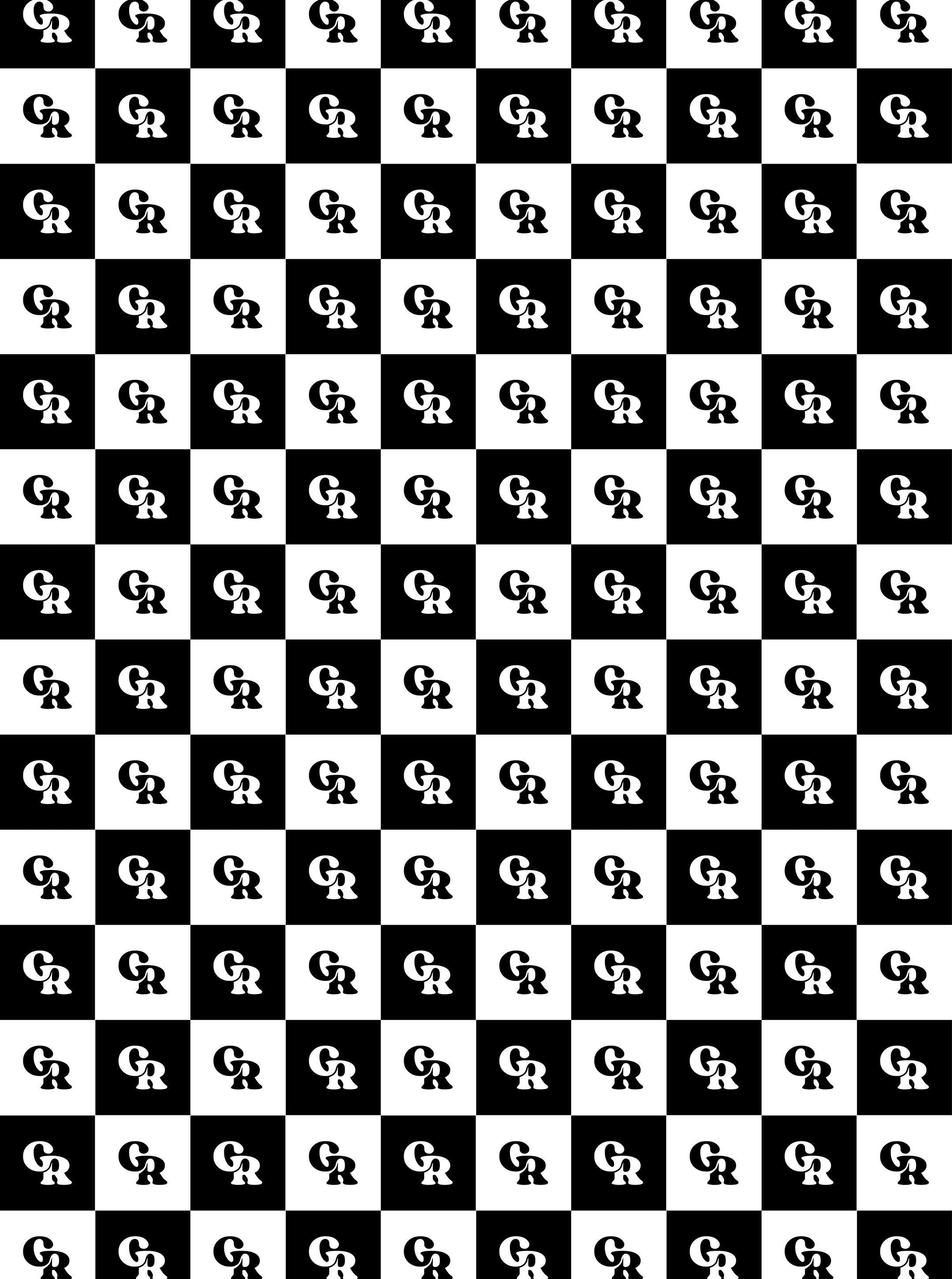 Repeating black and white checkerboard pattern tiled with the Grip Royal "GR" monogram in every square