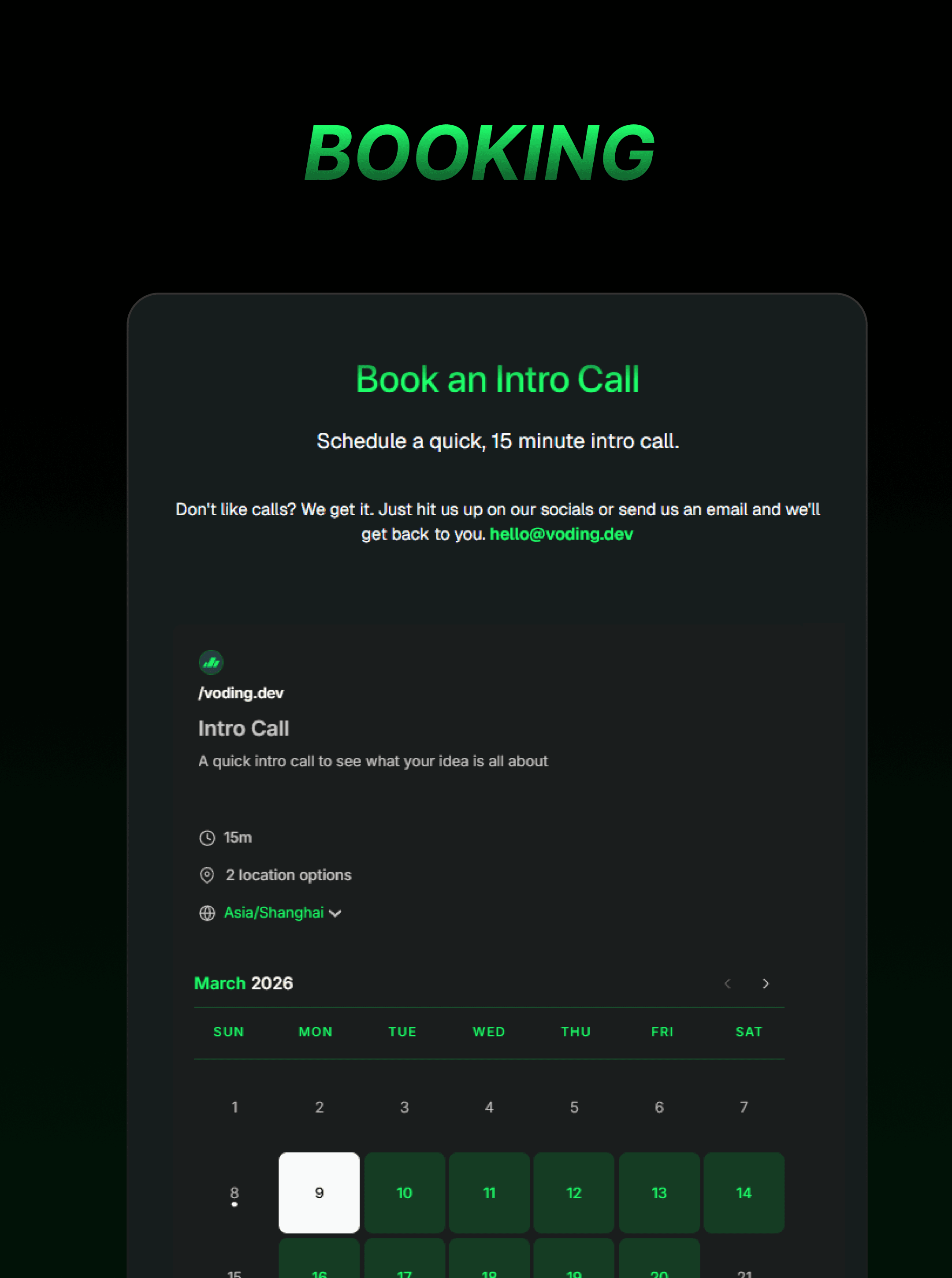 Green italic "BOOKING" heading above a Voding intro call scheduler showing a March 2026 calendar grid