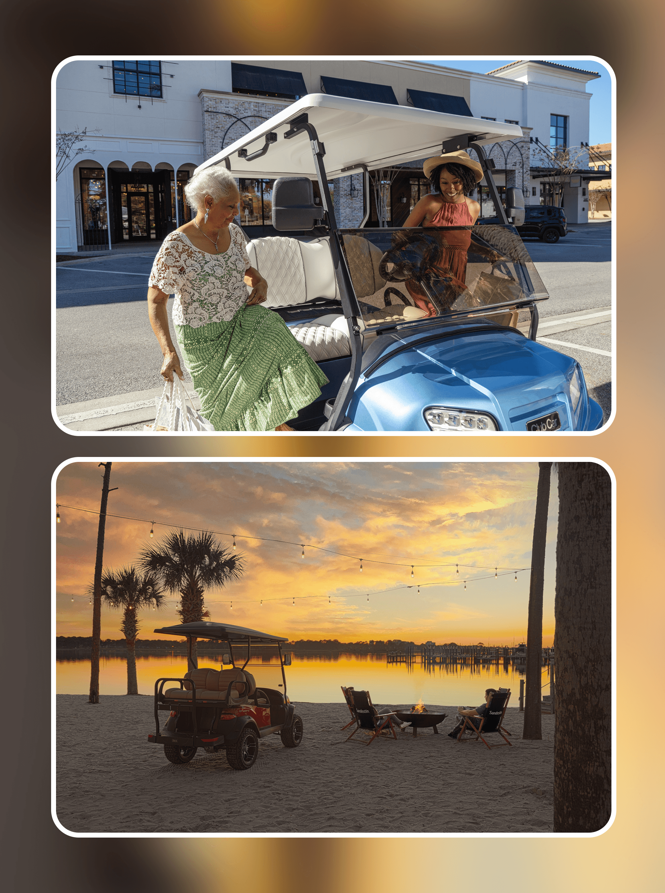 Two women beside a blue cart on a shop street, and a red cart on sand by a sunset fire pit