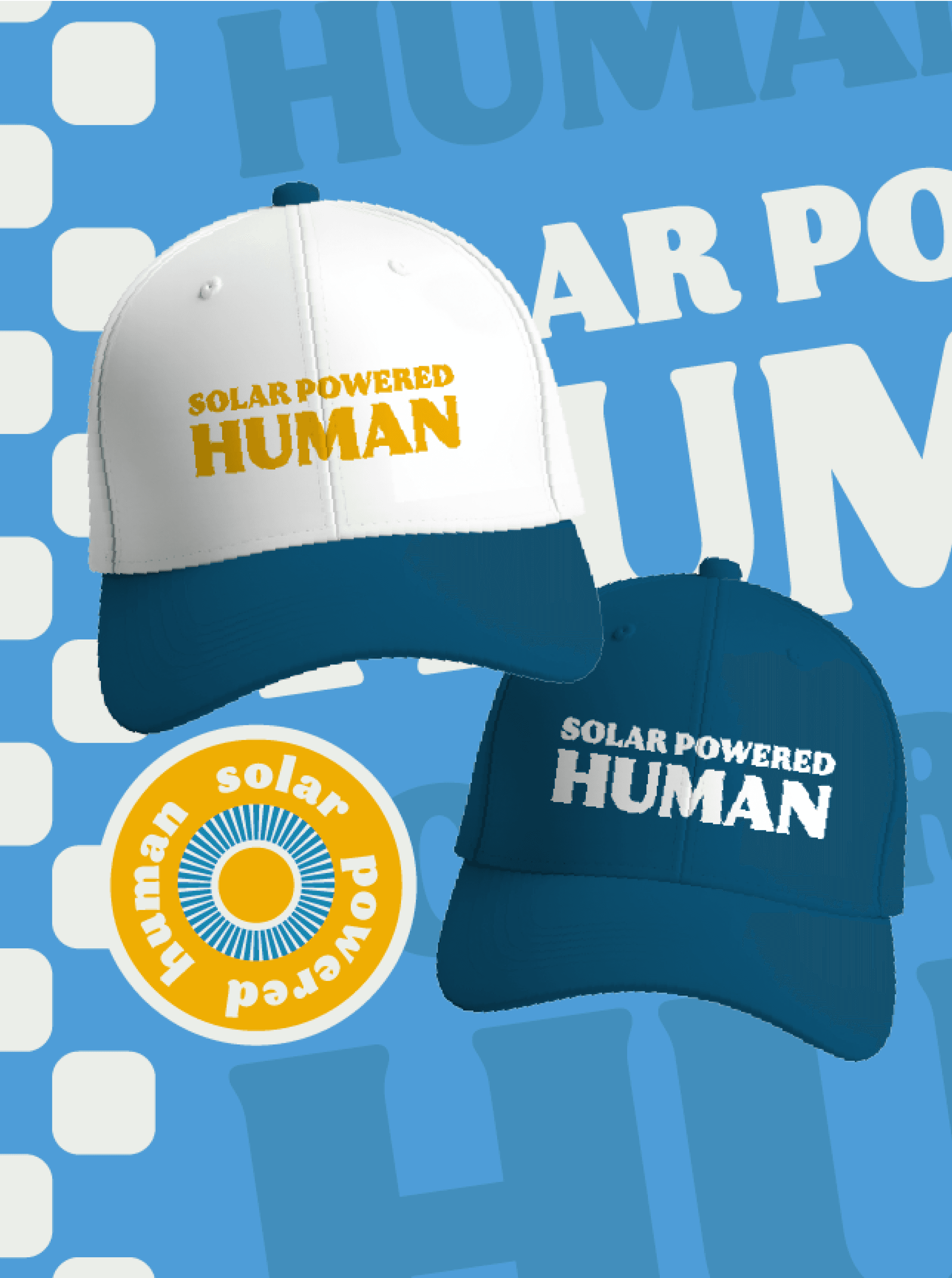 Two caps embroidered "SOLAR POWERED HUMAN", one white with a navy brim and one all navy, beside a round badge