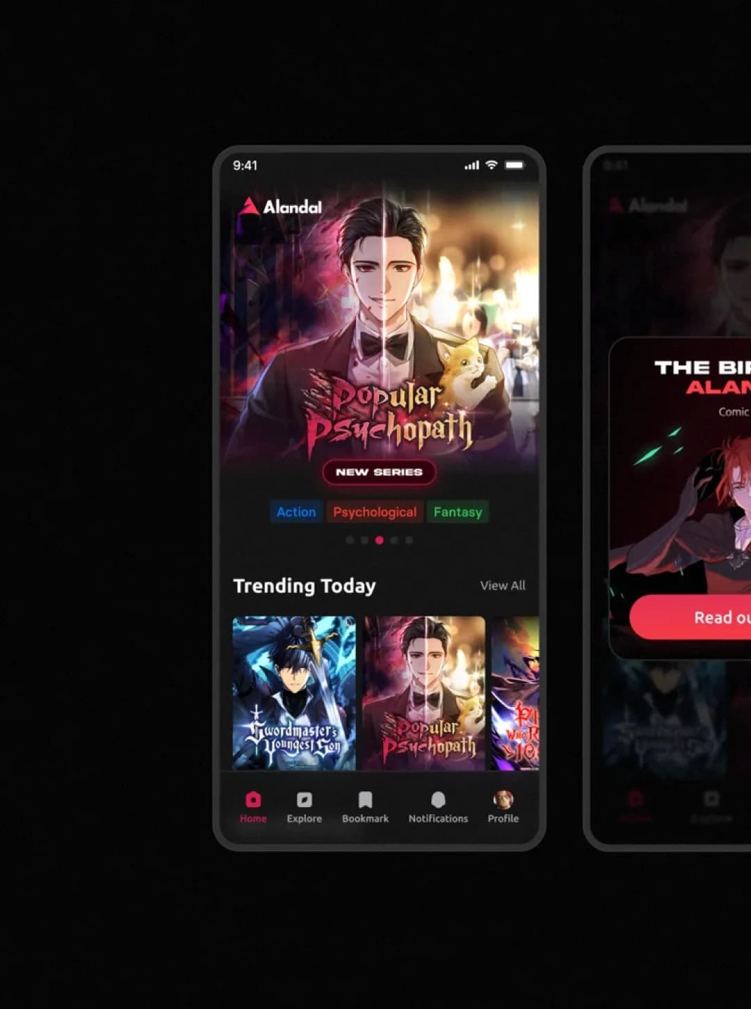 Alandal mobile home featuring the Popular Psychopath new series banner, genre chips and Trending Today covers