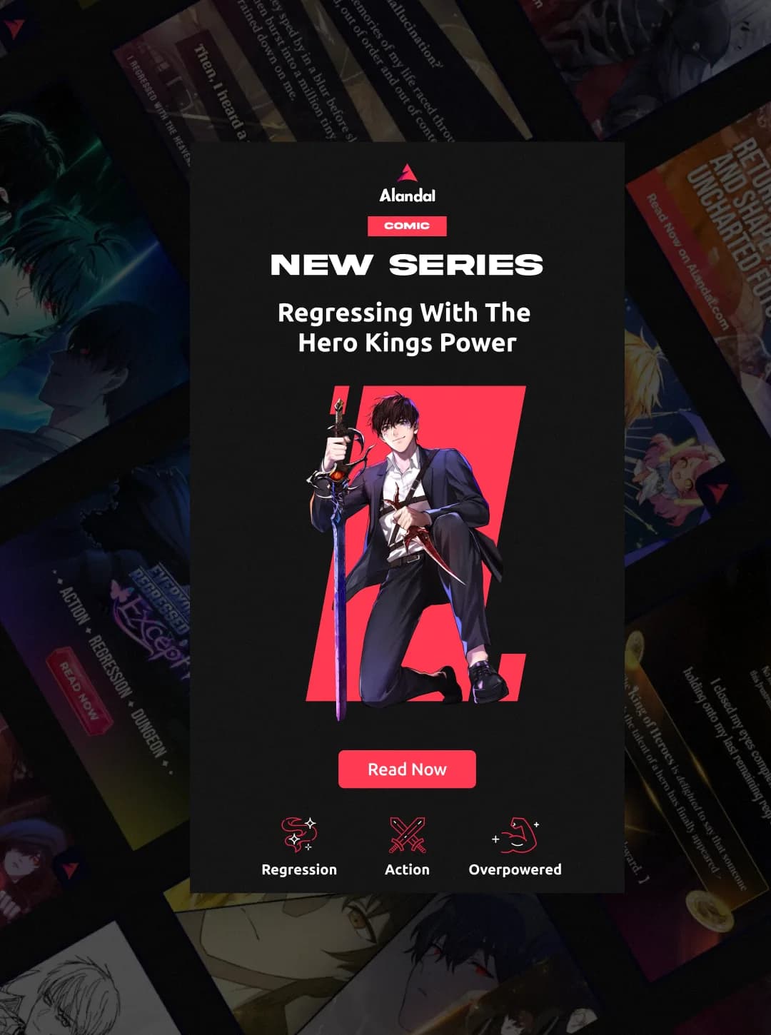 Alandal new series poster for Regressing With The Hero Kings Power with a Read Now button and genre icons