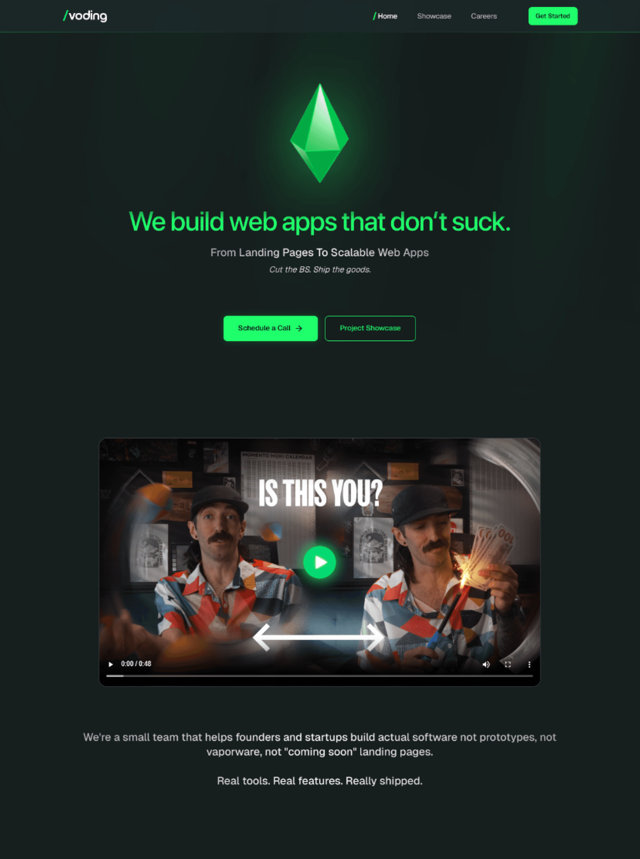 Full Voding homepage screenshot with nav bar, green diamond mark and a video thumbnail titled "IS THIS YOU?"