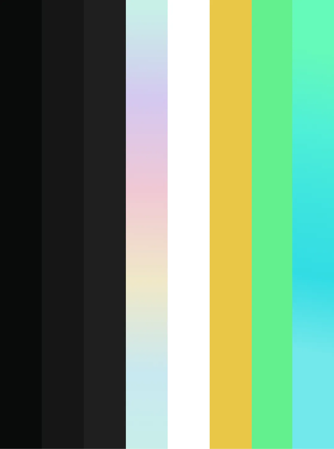 Brand color palette in vertical bands running from near-black through pastel gradient, white, yellow, green and cyan