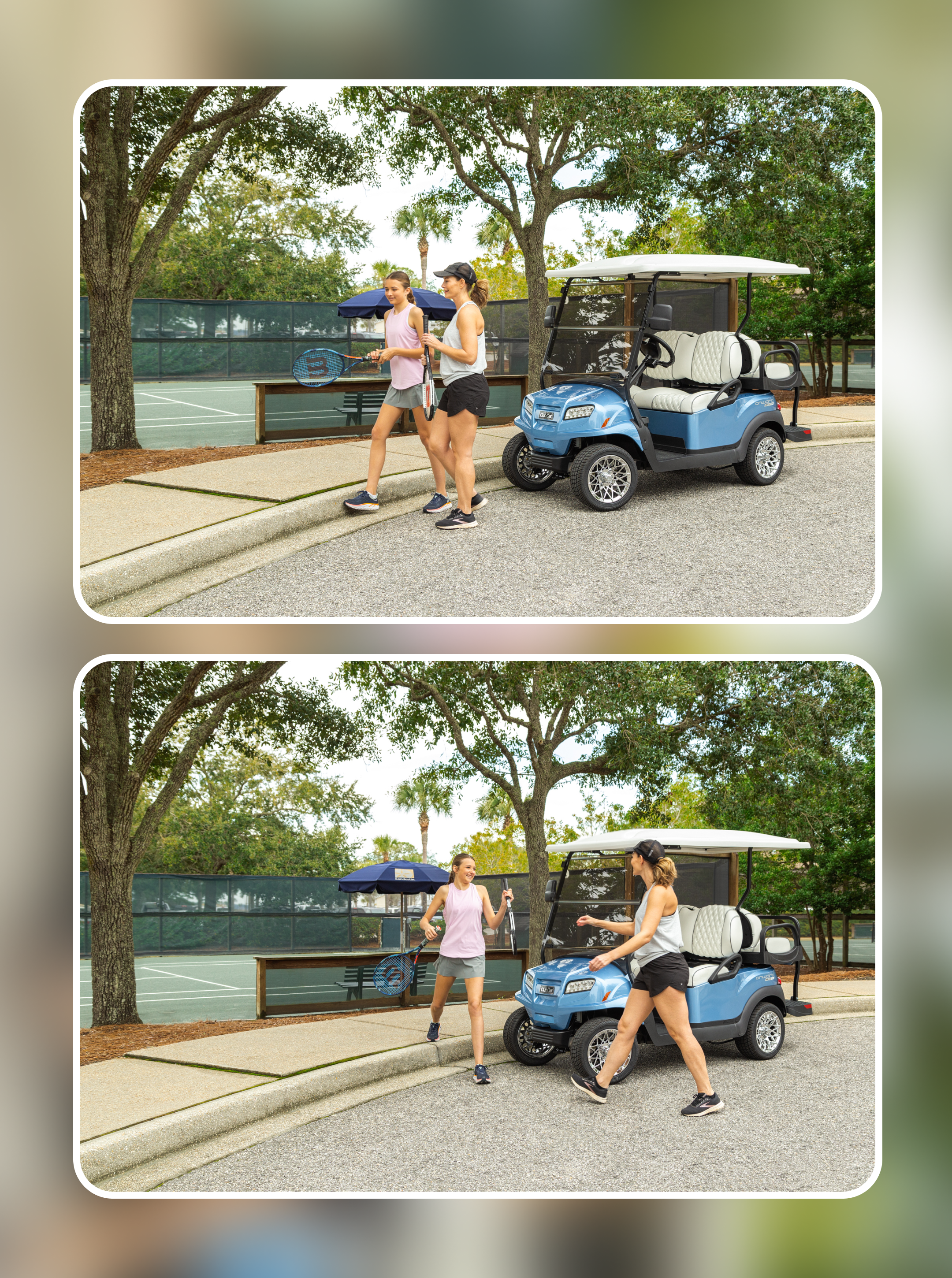 Two women carrying tennis rackets walk to a blue Club Car parked beside the courts