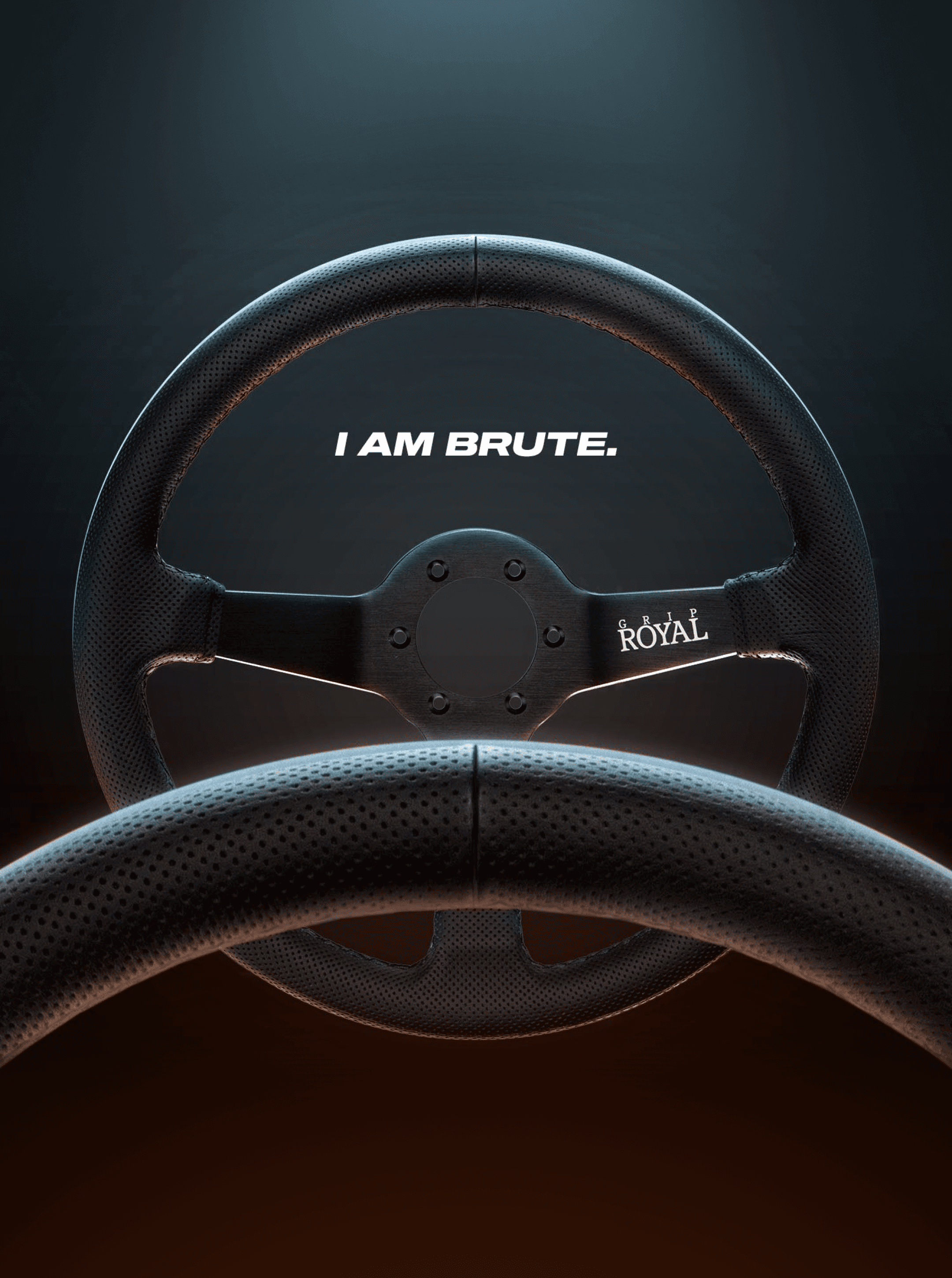 Perforated steering wheel lit against a dark blue backdrop with "I AM BRUTE." set inside the rim above the spokes