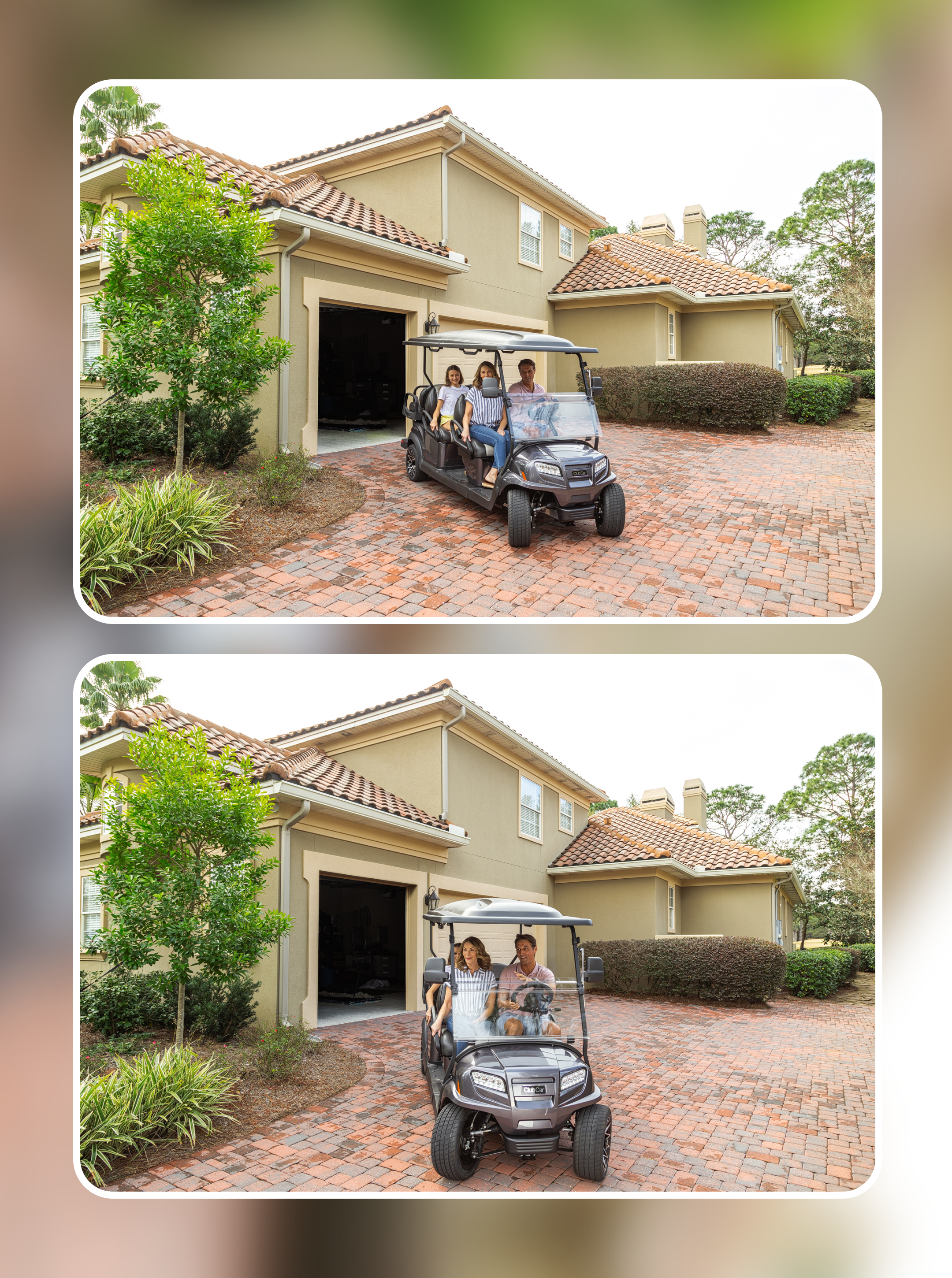 Family in a grey Club Car on a brick driveway outside a tan stucco house, a dog riding along