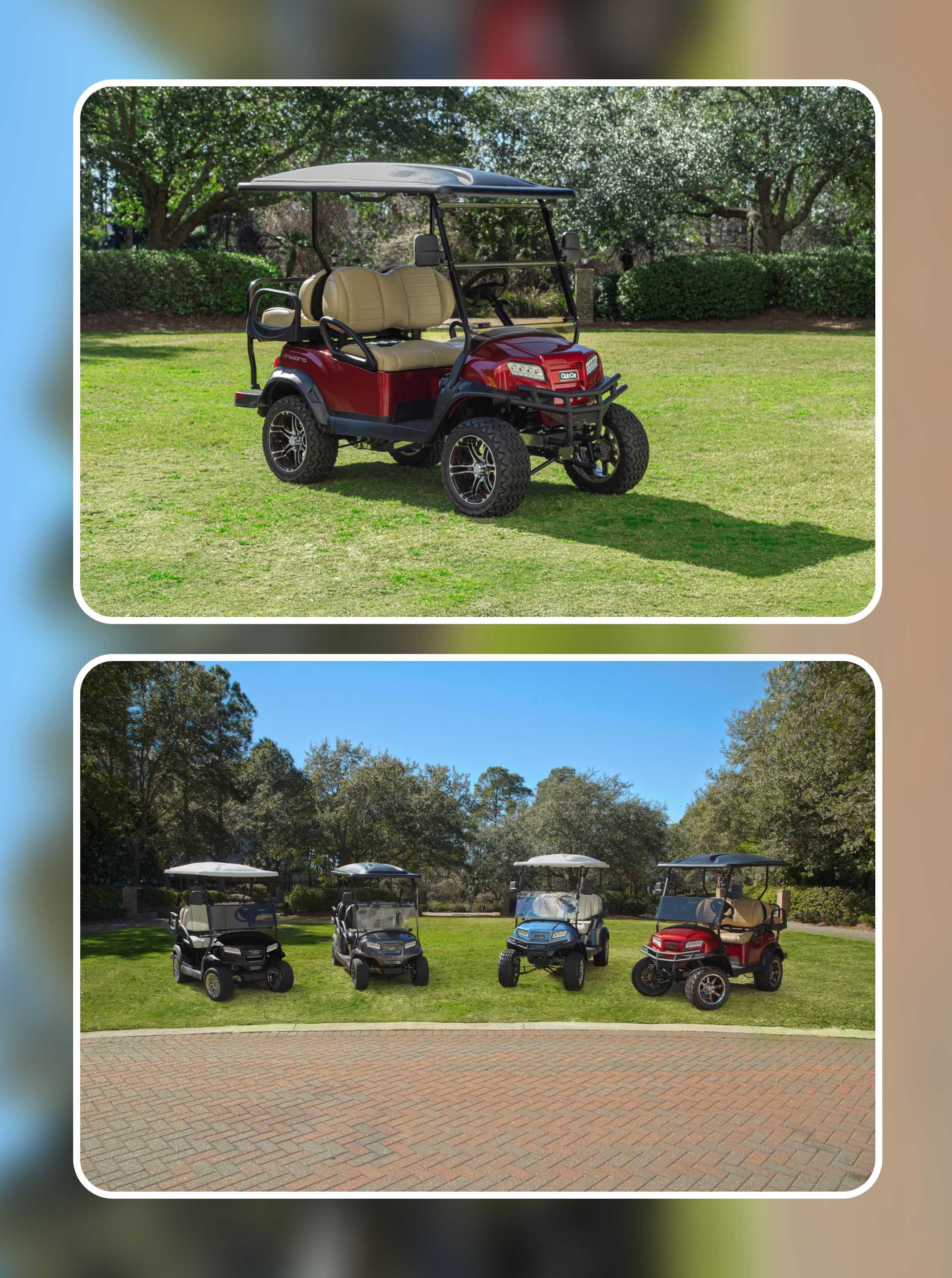 Red lifted Club Car with tan seats on grass, plus a lineup of four carts in black, grey, teal and red