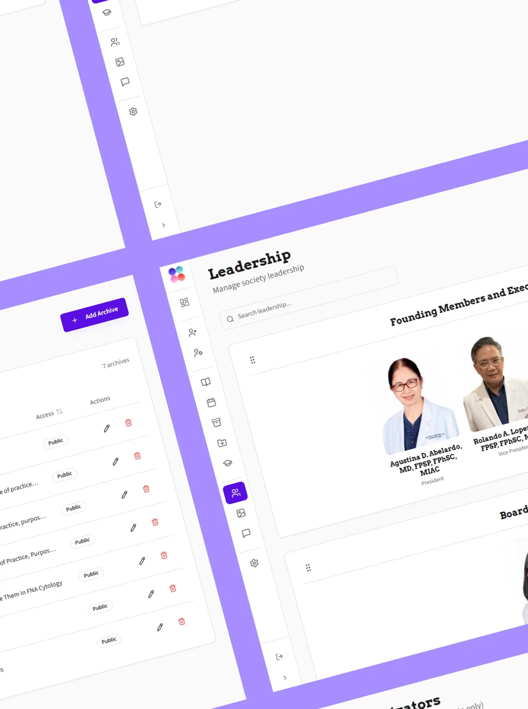 Leadership editor listing Founding Members with doctor headshots, beside an archive table of Public access rows