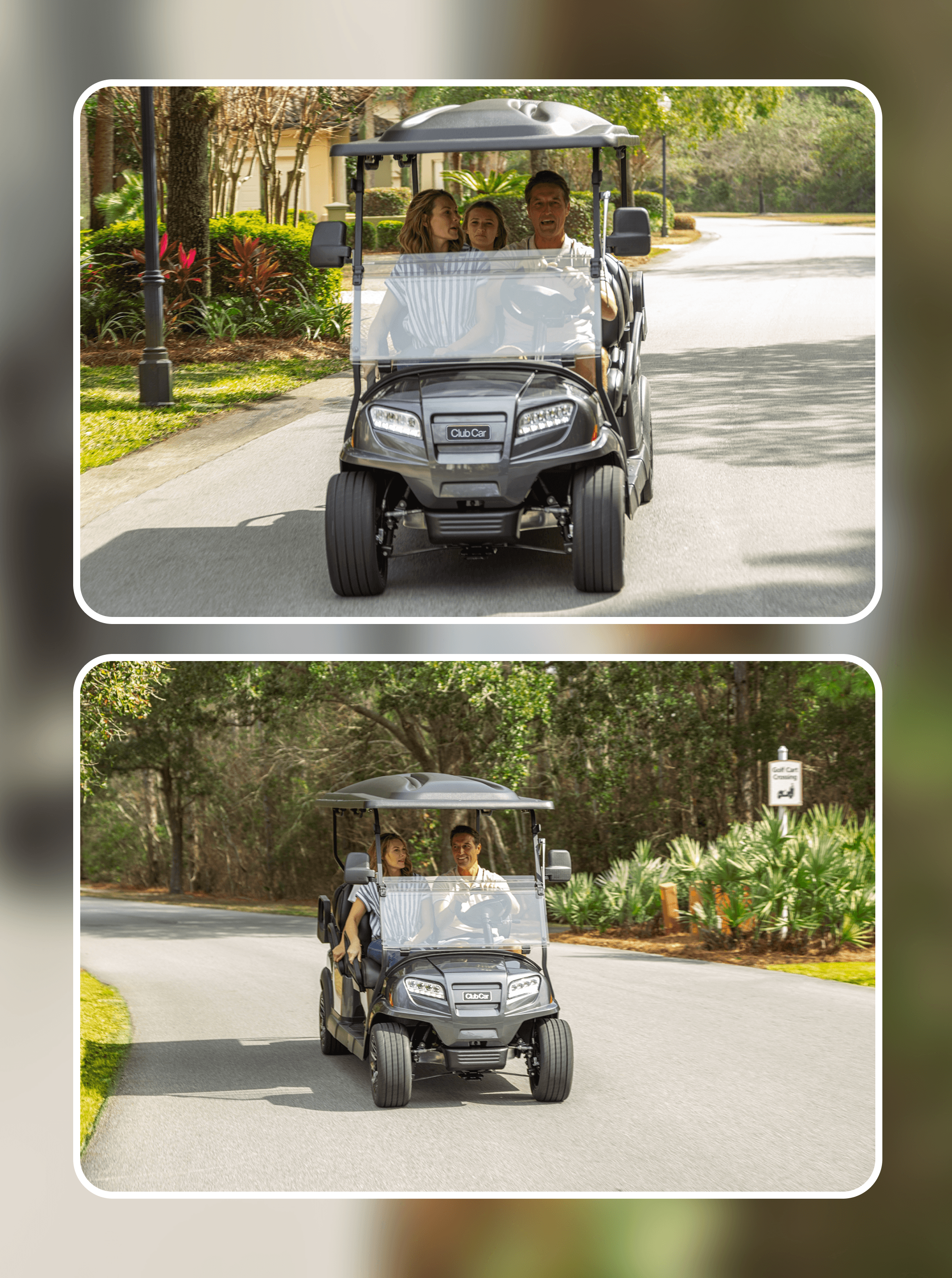 Grey Club Car driven head-on down a residential lane, badge visible above the front bumper