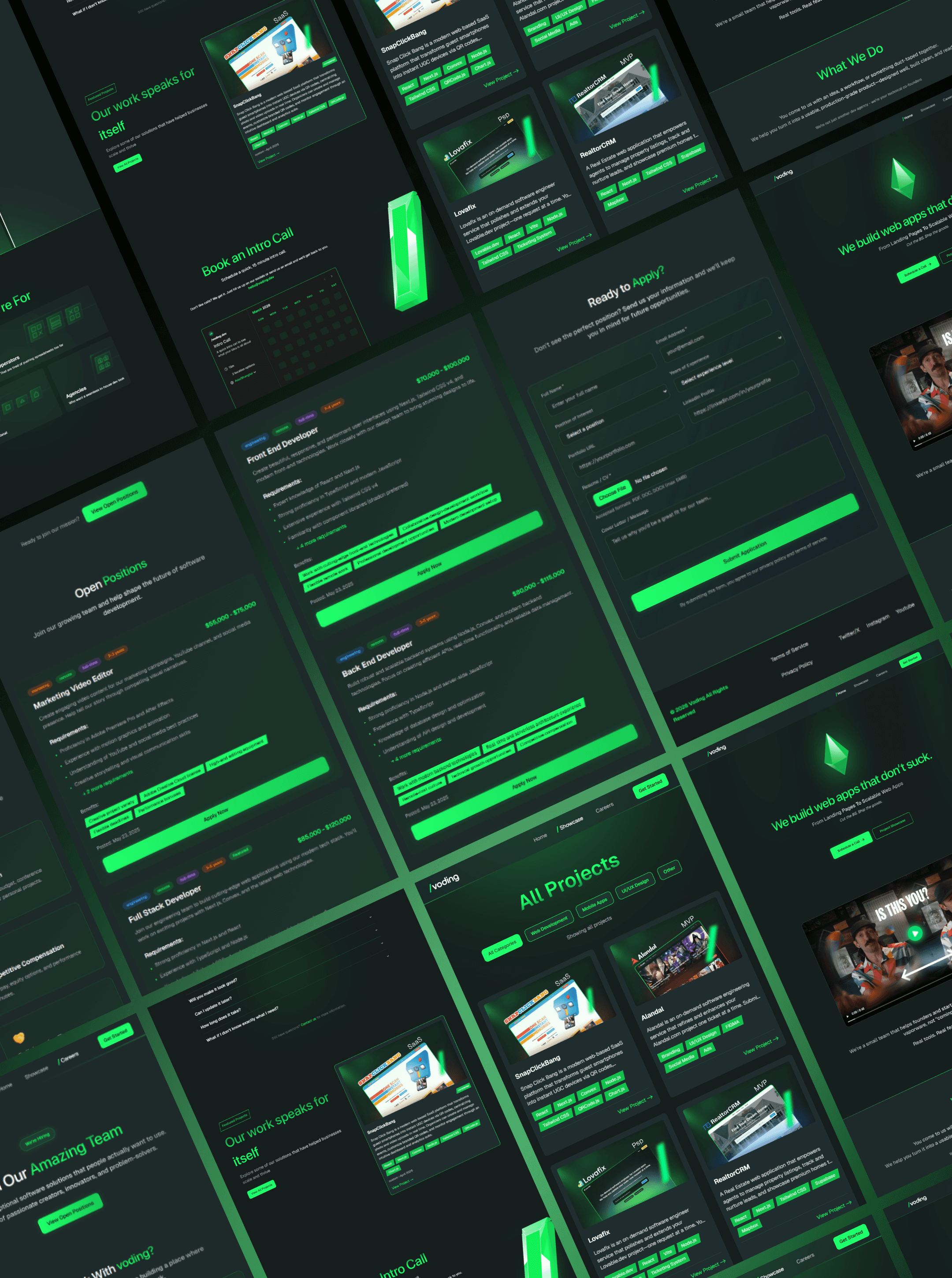 Angled grid of dark green Voding page layouts covering careers, projects, booking and contact screens