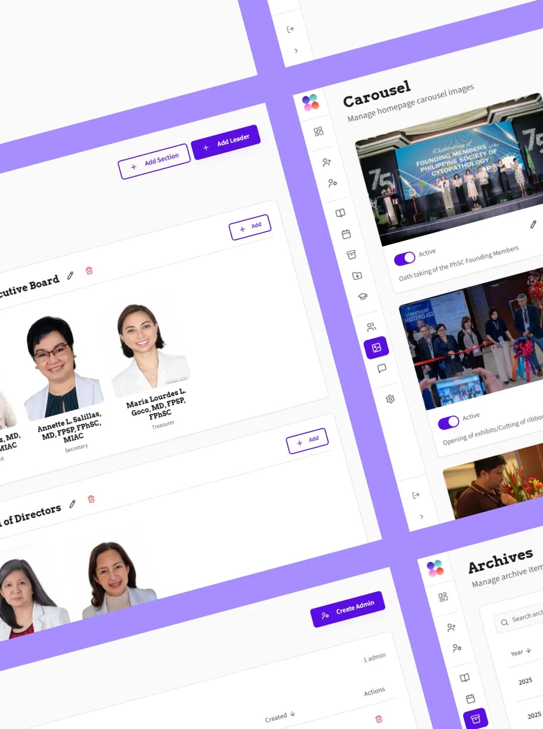 Carousel manager with Active toggles over PhSC event photos, next to Executive Board headshots and Add Leader buttons