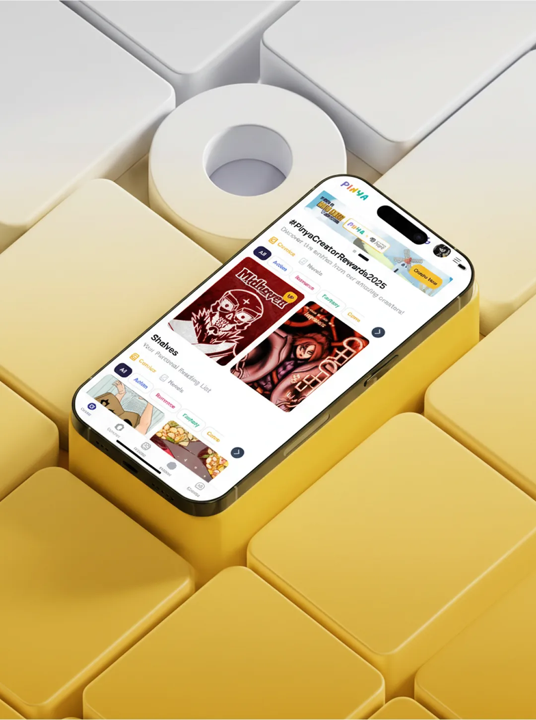 Phone resting on yellow cube tiles showing the Pinya mobile app with a Shelves row and Midhaven cover art