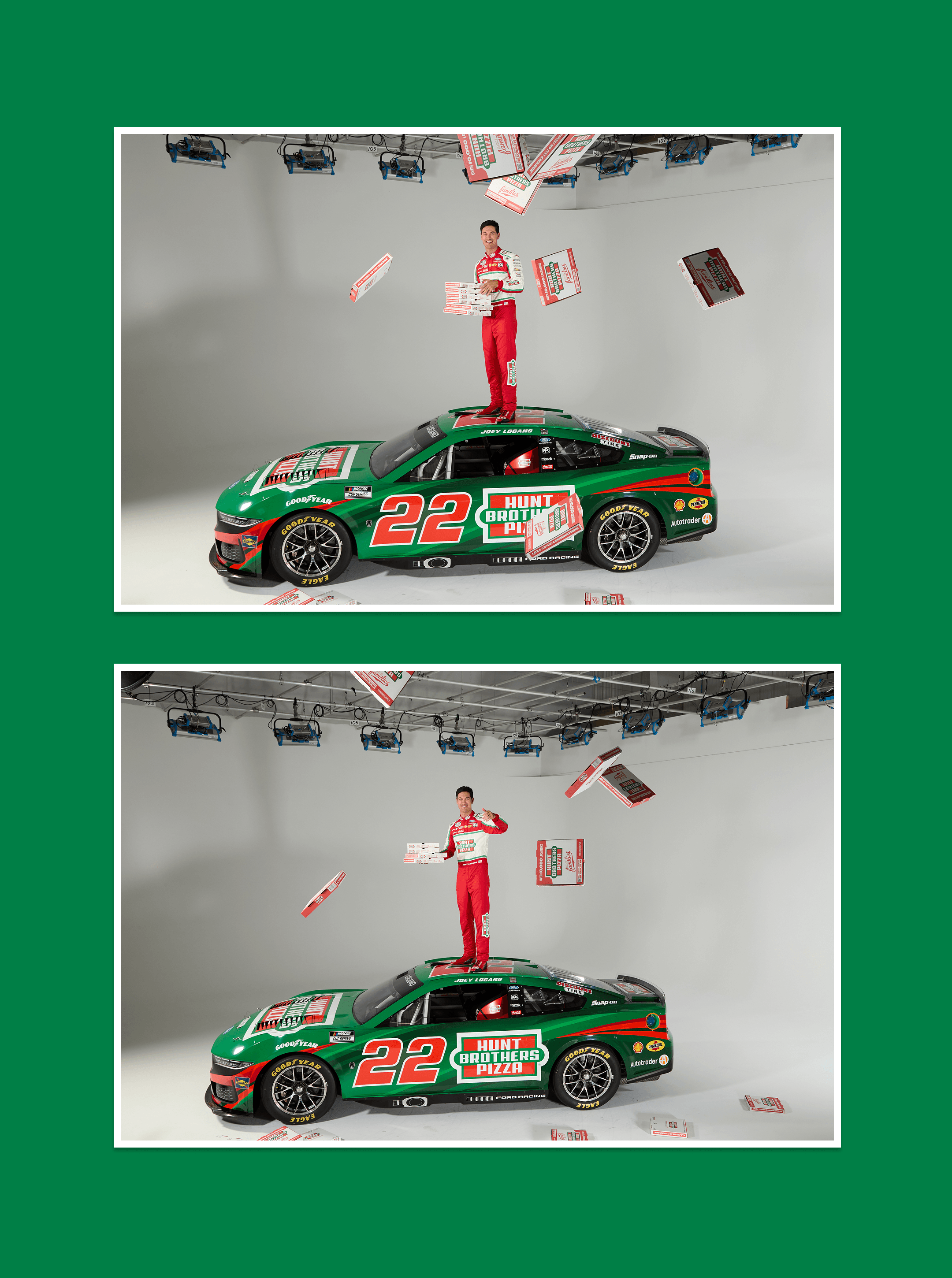 Driver standing on the car roof as pizza boxes fly through the studio, shown in two frames on green