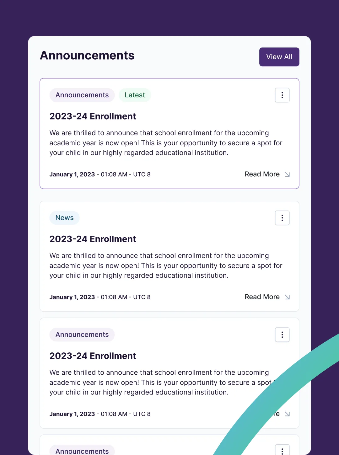 Announcements panel on purple with repeated 2023-24 Enrollment posts tagged News and Latest beside a View All button
