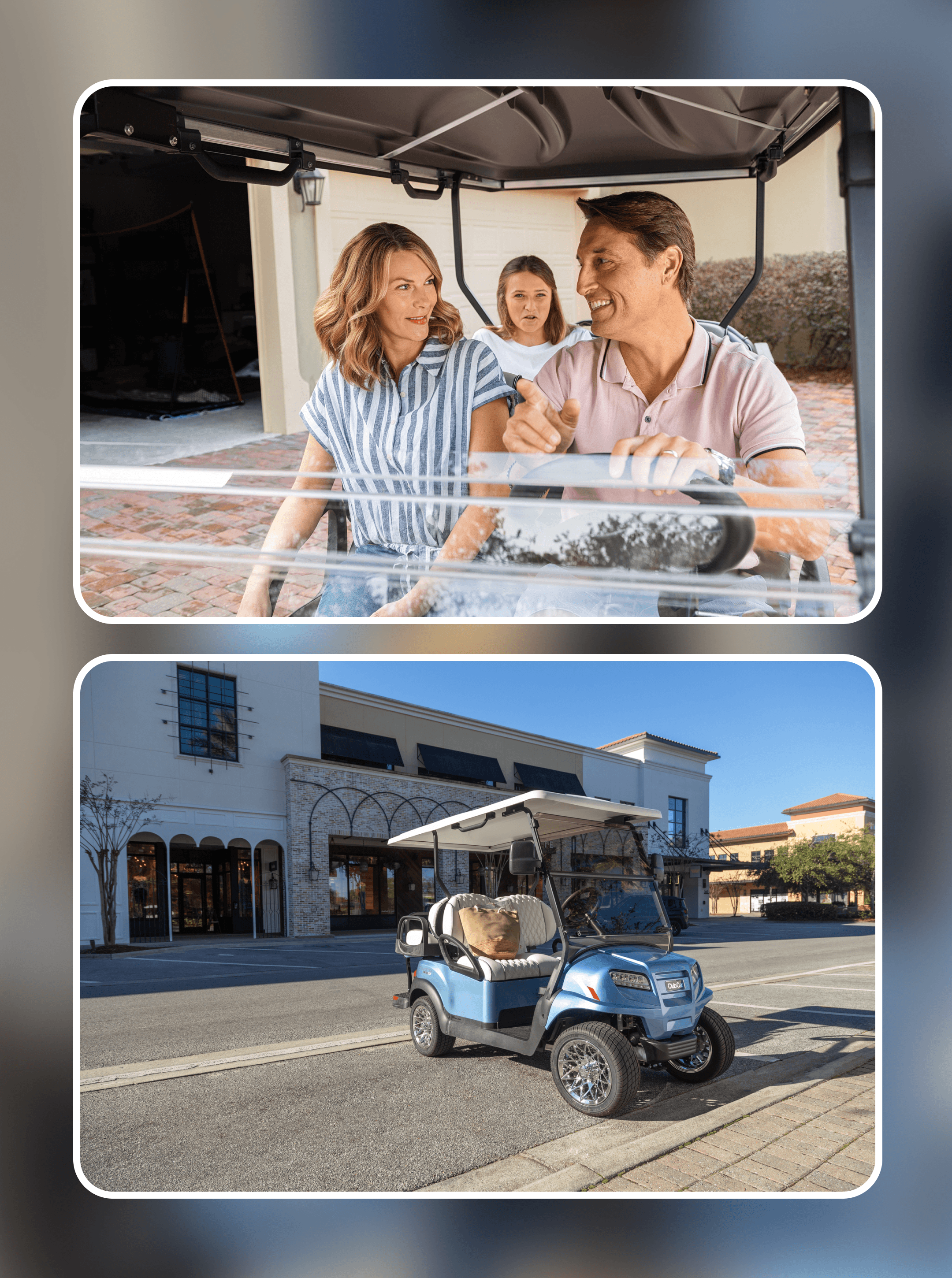 Couple smiling under a cart canopy, with a blue Club Car parked curbside carrying a woven tote