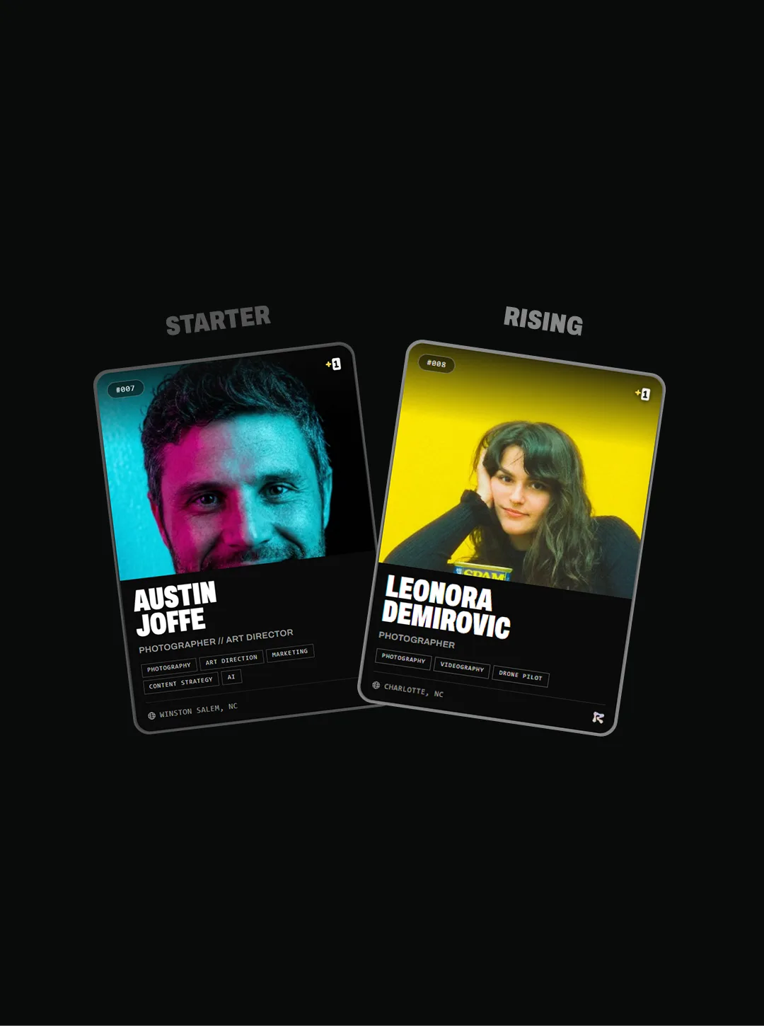 Two card tiers side by side, Starter for Austin Joffe and Rising for Leonora Demirovic