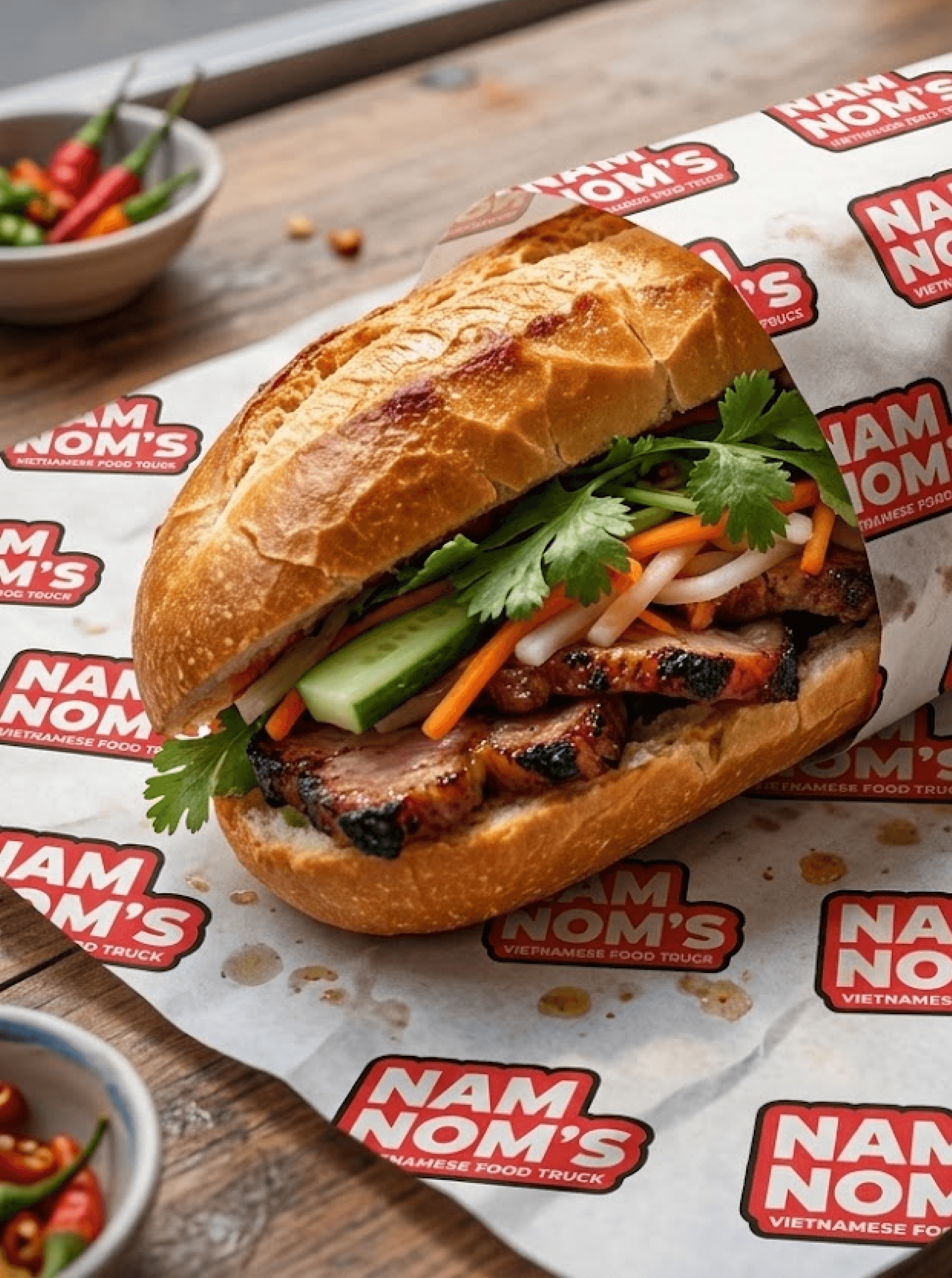 Banh mi with grilled pork, cilantro, cucumber and pickled carrot resting on Nam Nom's branded wrap paper