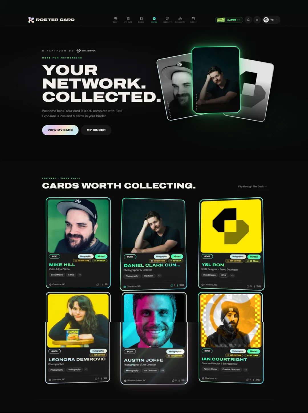 Roster Card homepage with the hero headline Your Network. Collected. above a grid of member trading cards