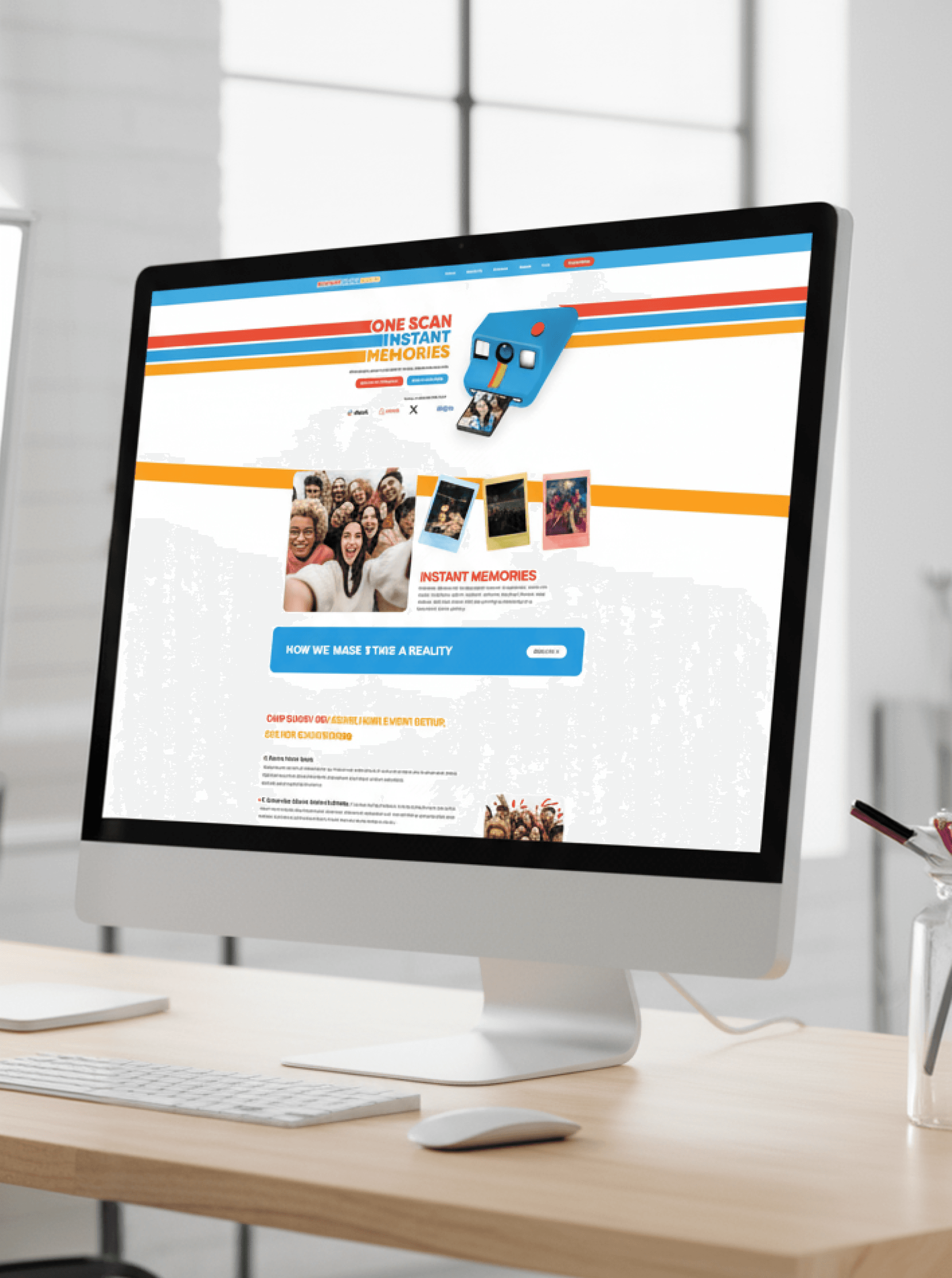 iMac on a wooden desk displaying the ShootClickBang homepage hero One Scan Instant Memories