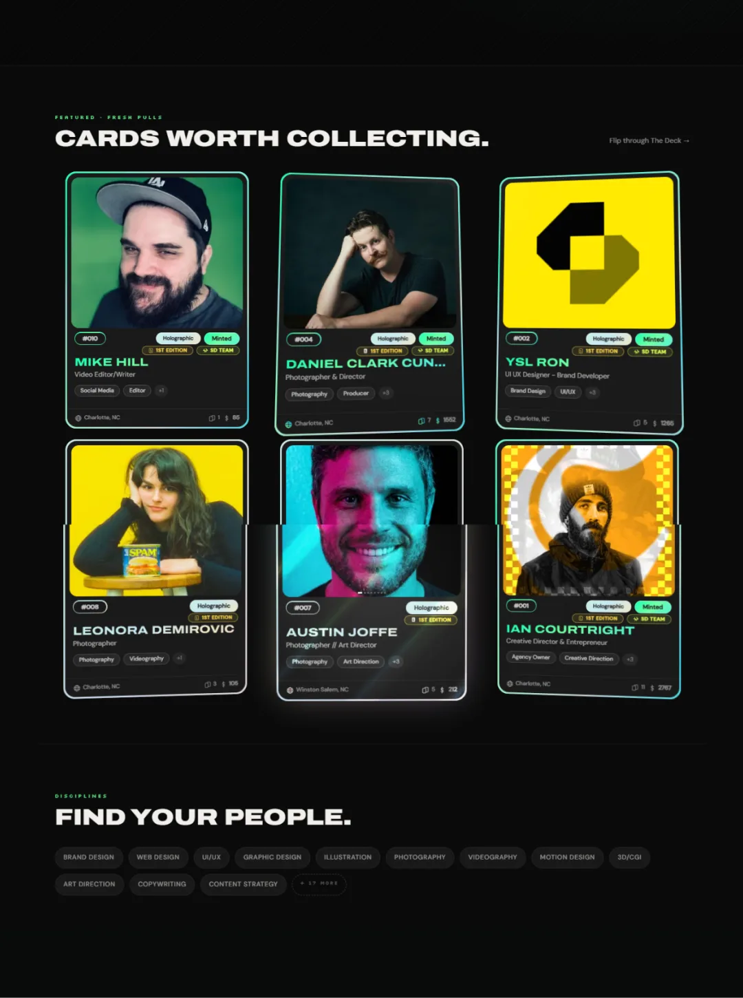 Cards Worth Collecting grid of six creative profiles above a Find Your People row of discipline tags
