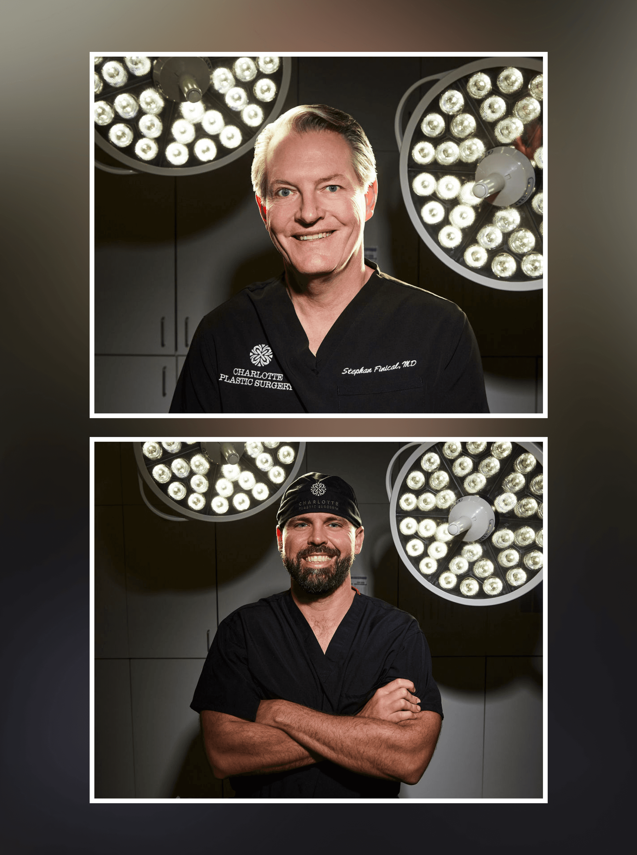 Stacked portraits of two male surgeons in black scrubs embroidered Charlotte Plastic Surgery under operating lights