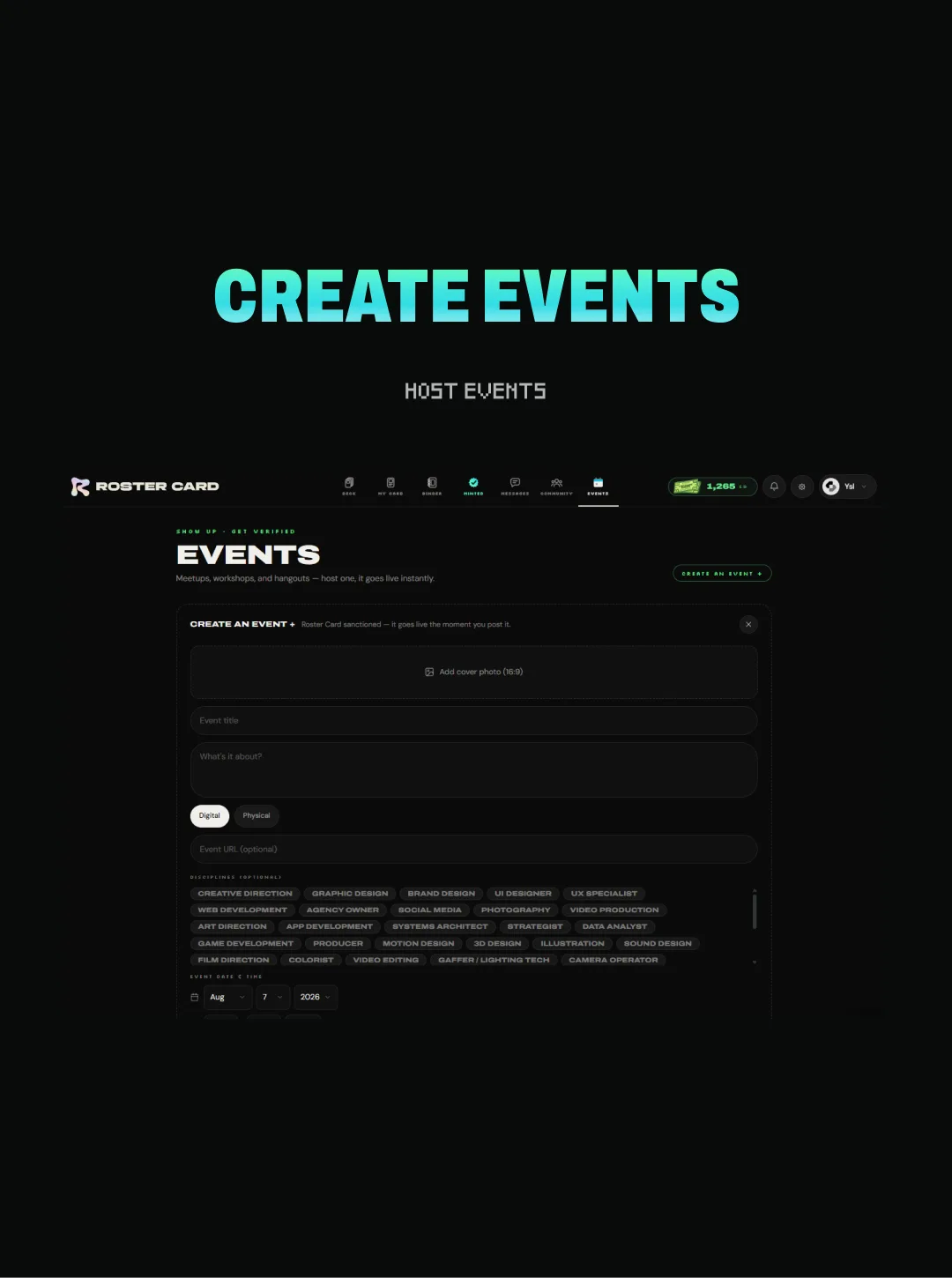 Create Events headline in cyan above the event builder form with cover upload, discipline tags and a date picker