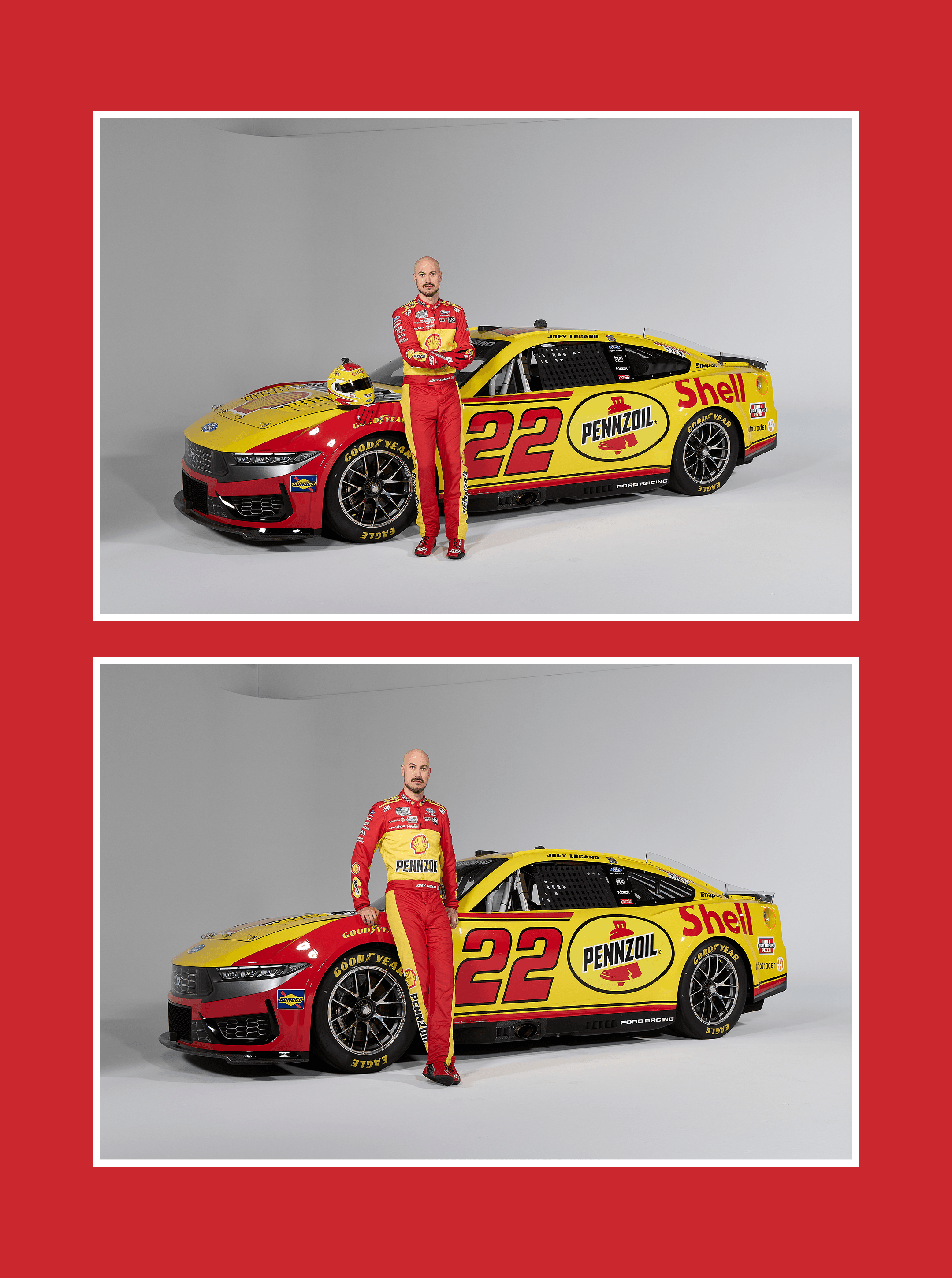Two-up layout on a red background pairing shots of a driver beside the No. 22 Shell Pennzoil stock car