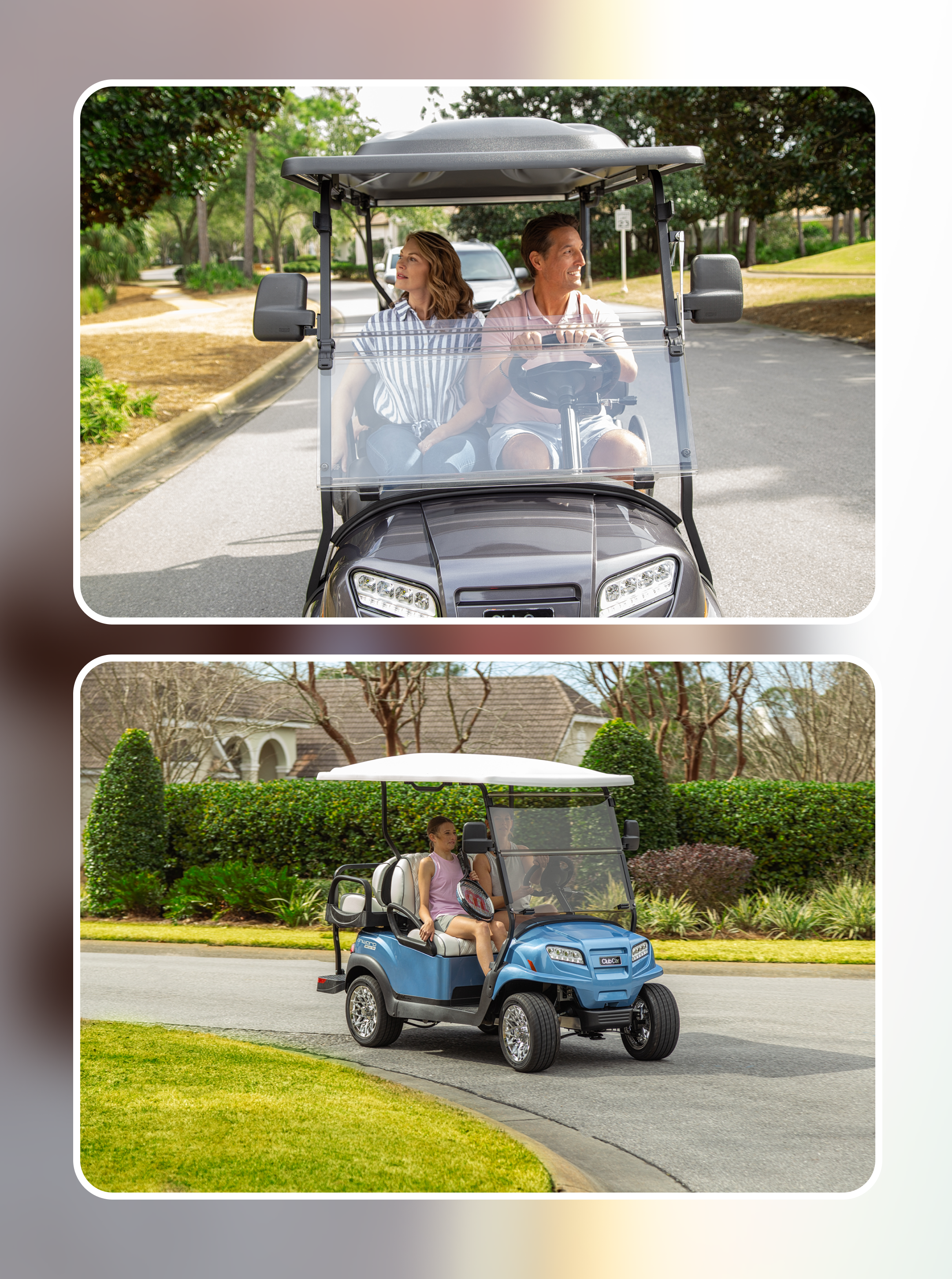 Couple riding a grey cart along a neighborhood street, and a girl aboard a blue one on a bend