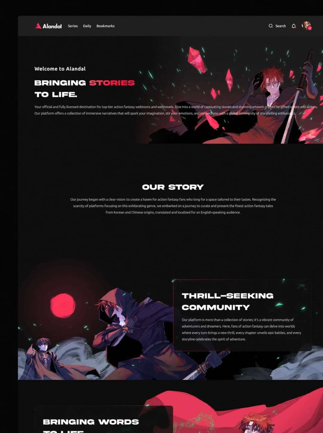 Alandal about page with the Bringing Stories To Life hero, Our Story text and a Thrill-Seeking Community block
