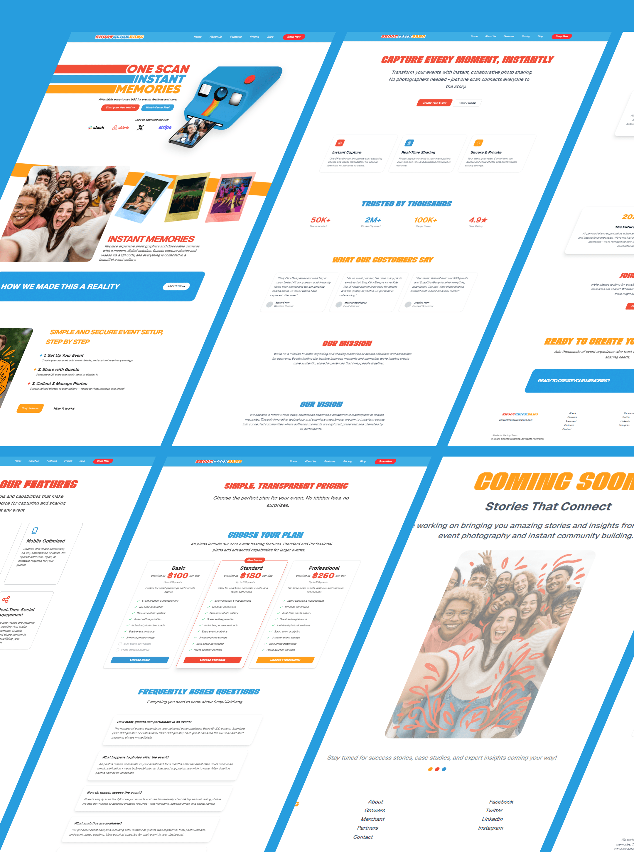 Full-page website layouts tiled on blue, including Simple, Transparent Pricing tiers and a Coming Soon blog page