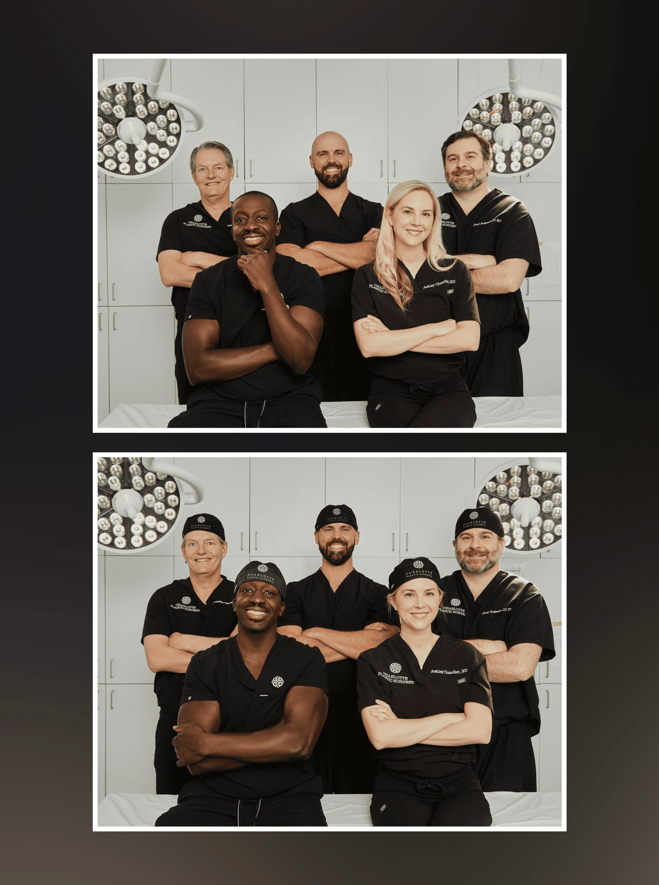 Group of five providers in black scrubs posed under surgical lights, repeated below in matching black caps
