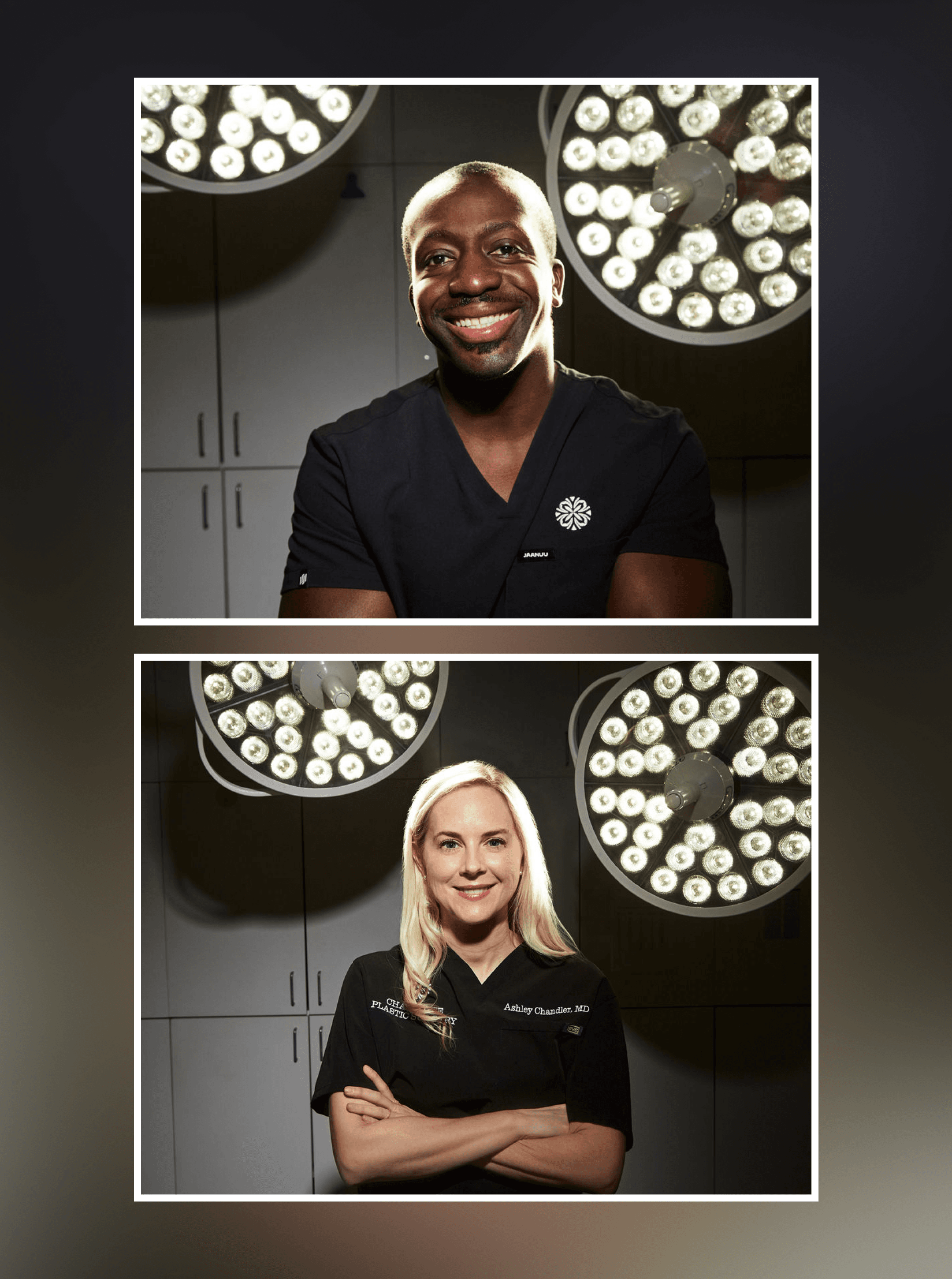 Smiling surgeon in black scrubs above a second frame of a blonde surgeon with arms crossed, operating lights behind