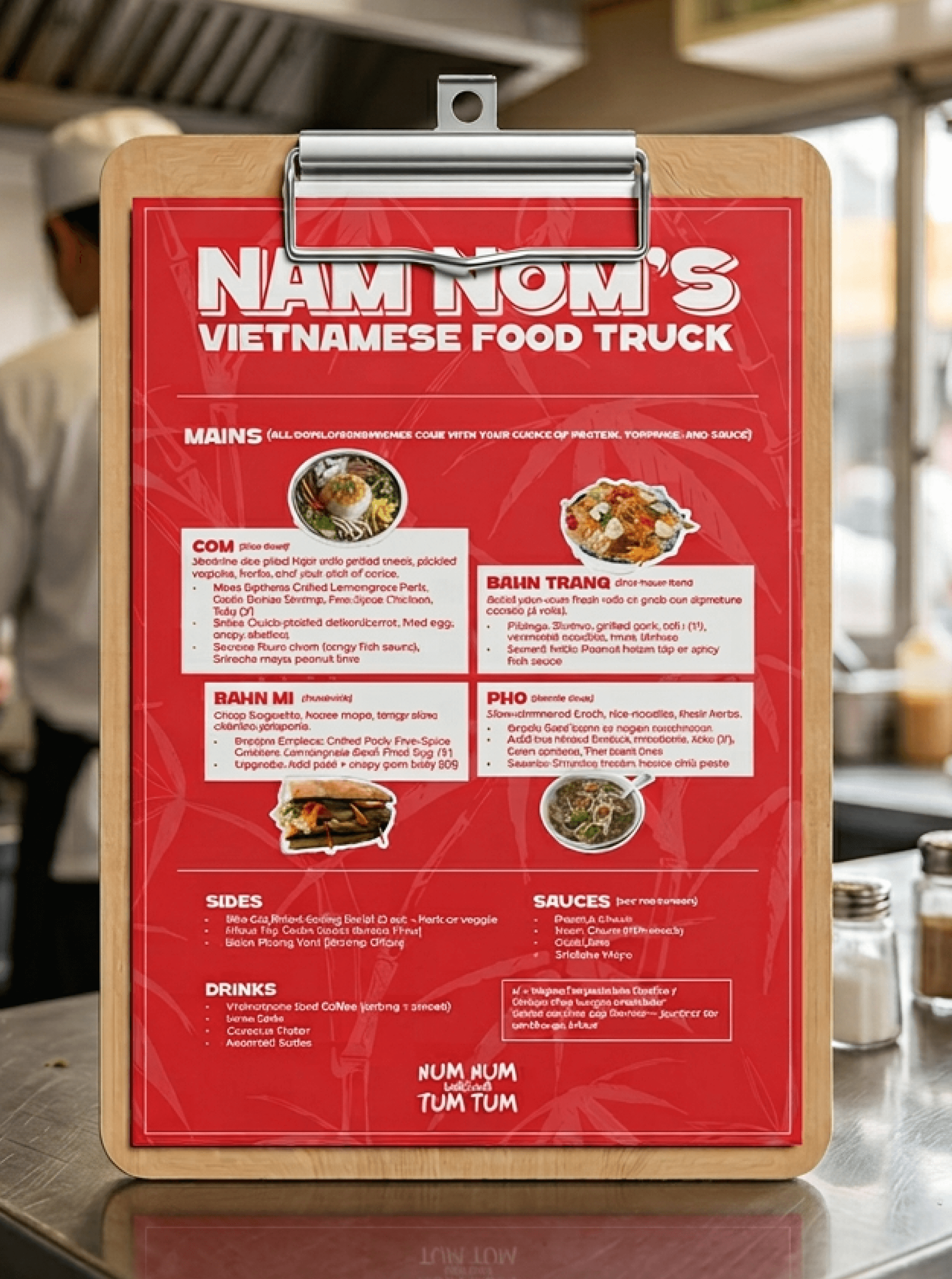 Red Nam Nom's menu on a wooden clipboard listing Com, Bahn Mi and Pho sections plus sides, sauces and drinks