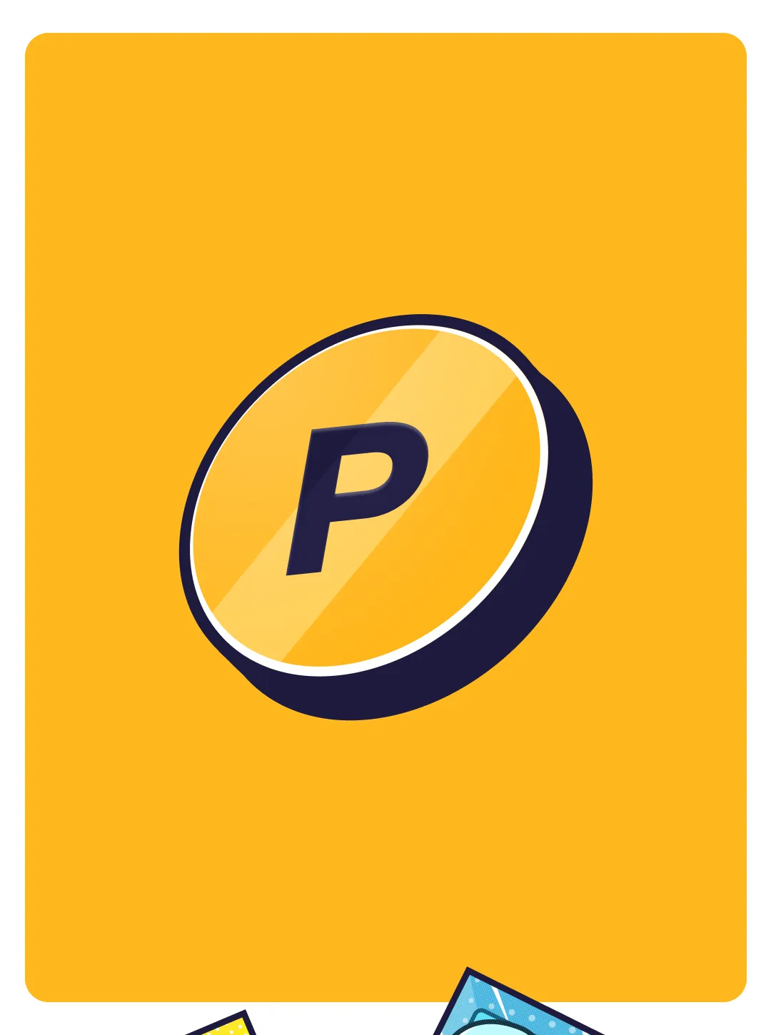 Yellow card holding a tilted coin icon with a navy P monogram, other colored cards peeking below