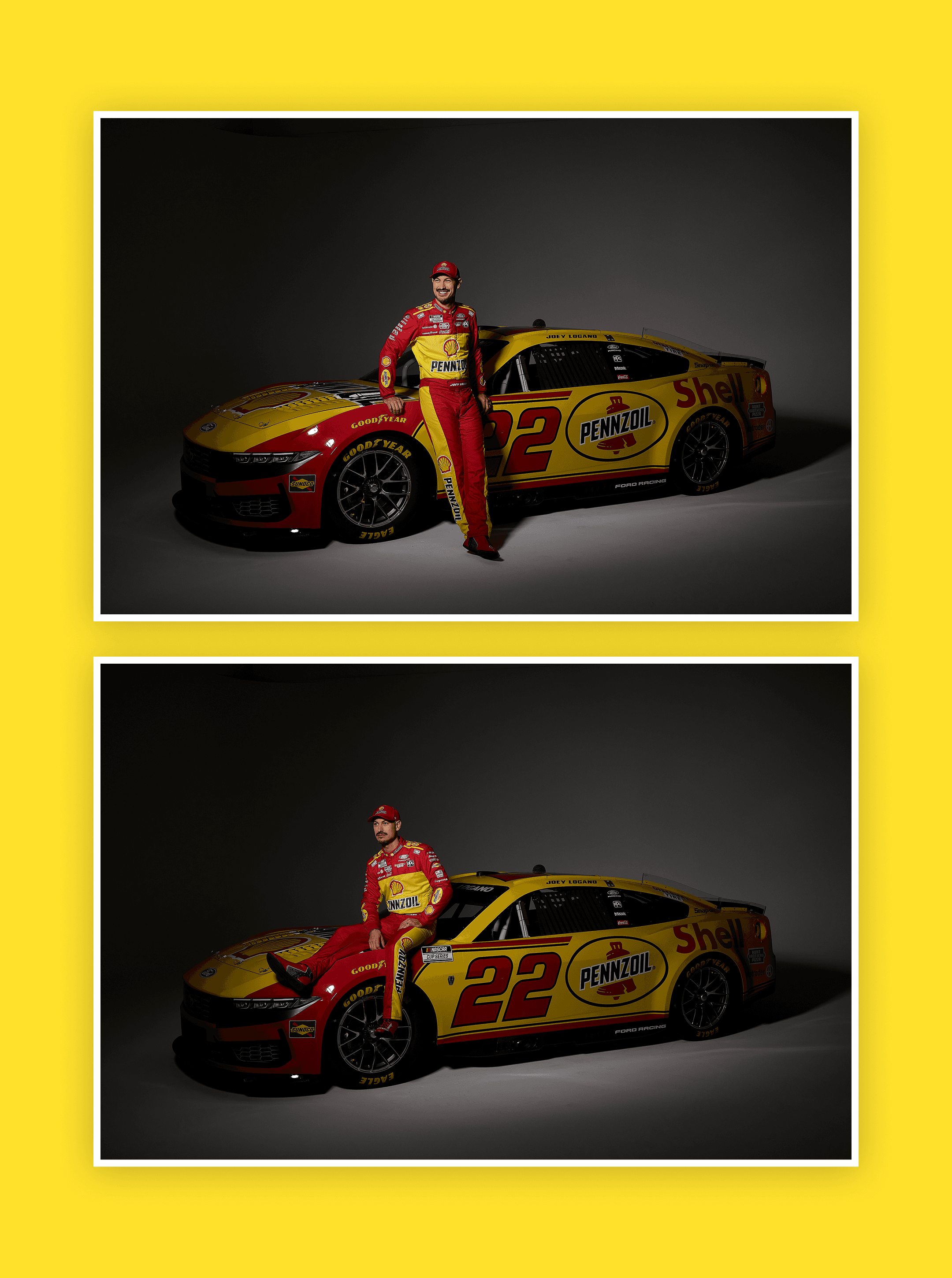 Yellow-bordered pair of frames showing a driver leaning on and sitting on the No. 22 Pennzoil car in the dark