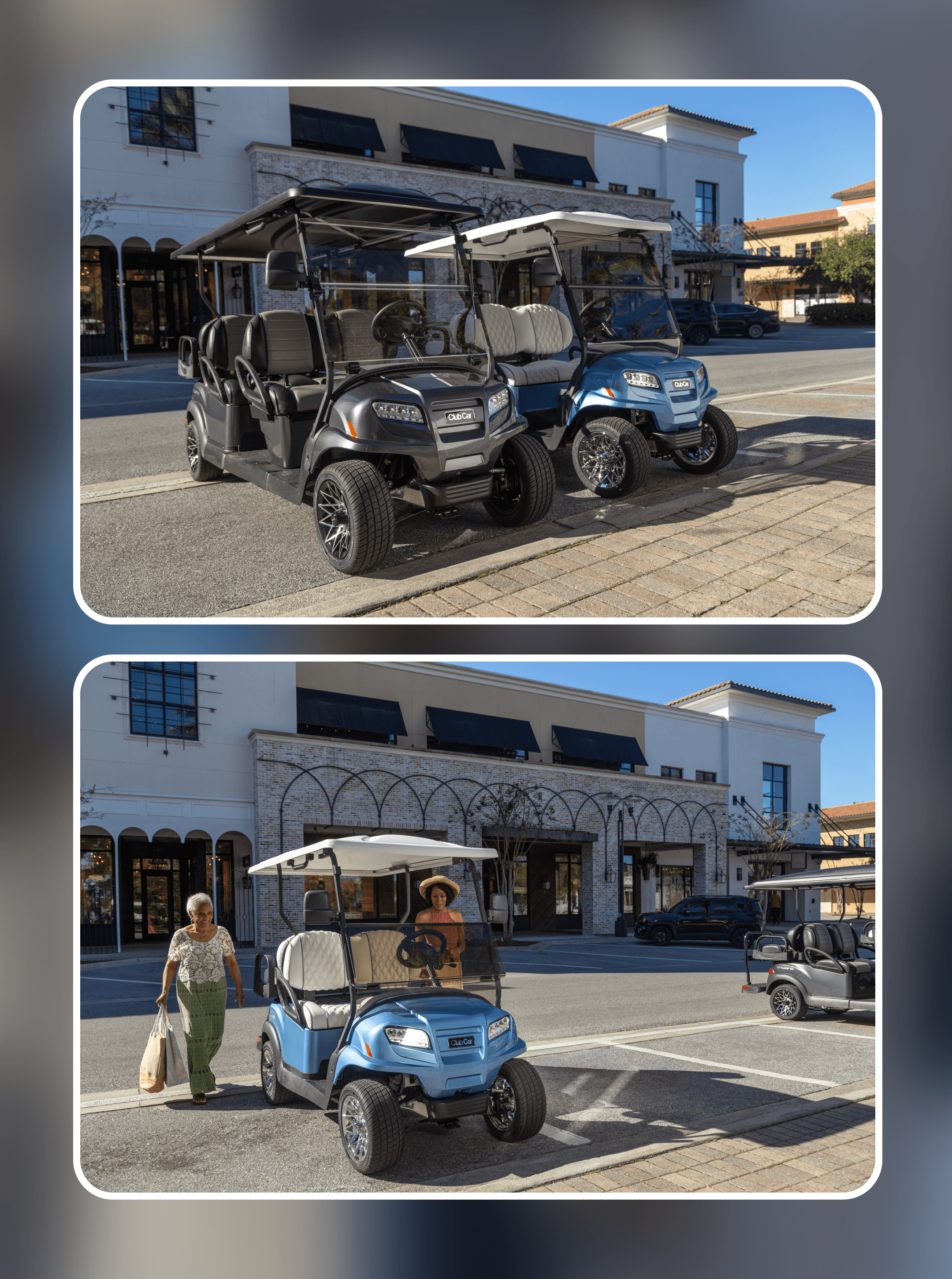 Black and blue Club Cars parked outside a shopping village where a shopper walks by with bags