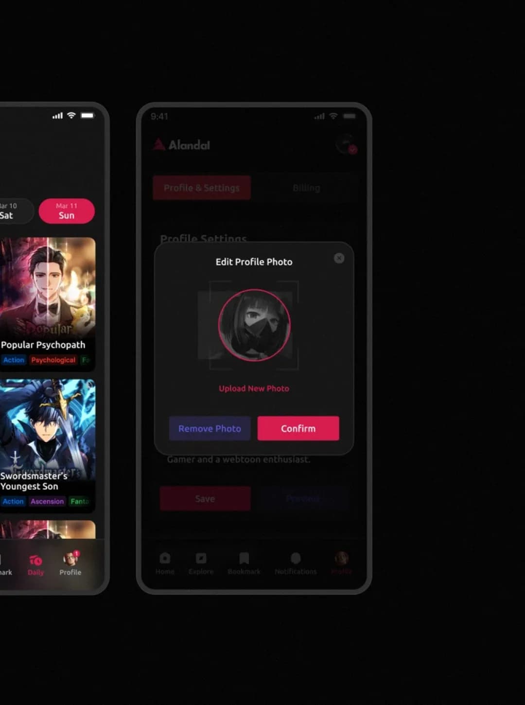 Edit Profile Photo modal on Alandal mobile with a circular crop, Remove Photo and Confirm buttons