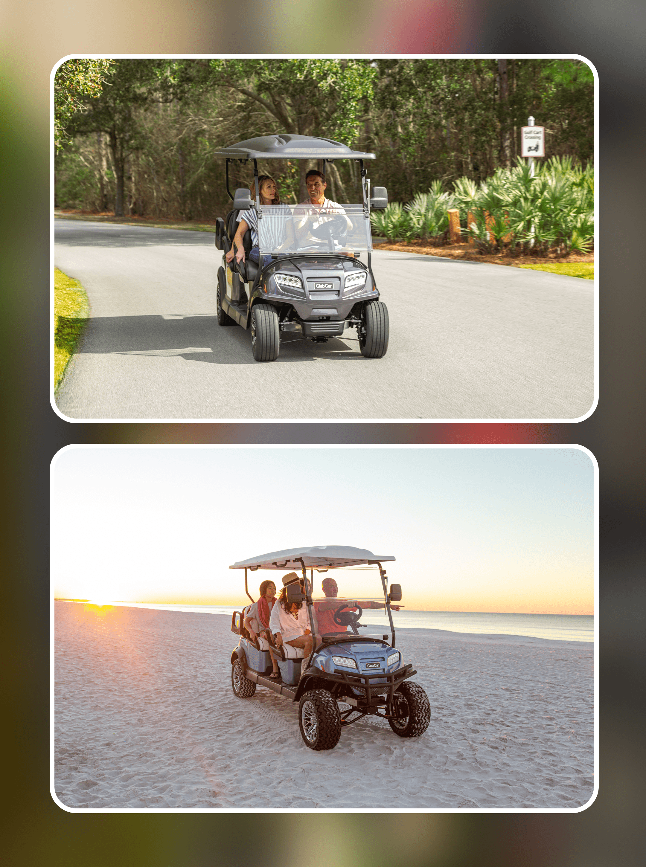 Three riders in a lifted blue Club Car crossing beach sand at sunset near the shoreline