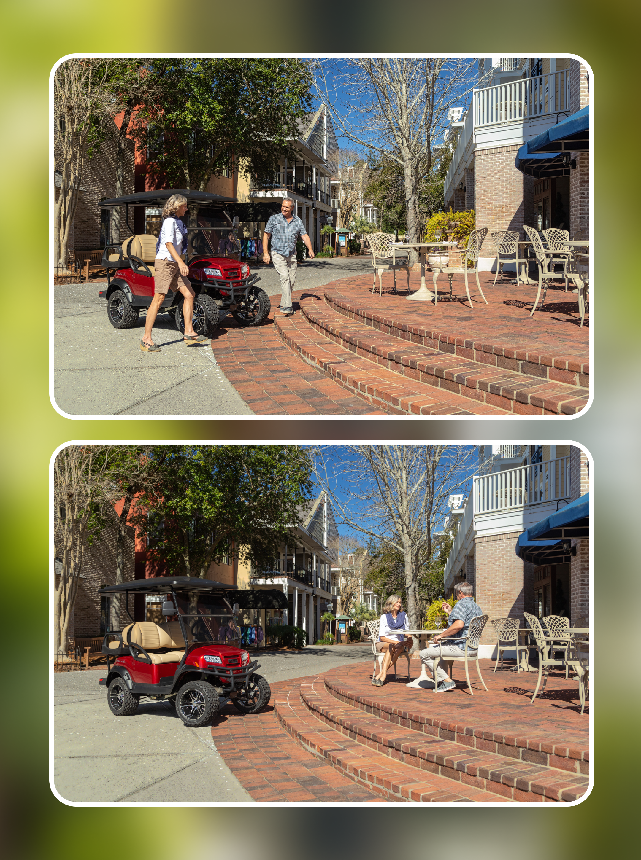Red Club Car parked on a brick street beside cafe tables where a couple sits outdoors