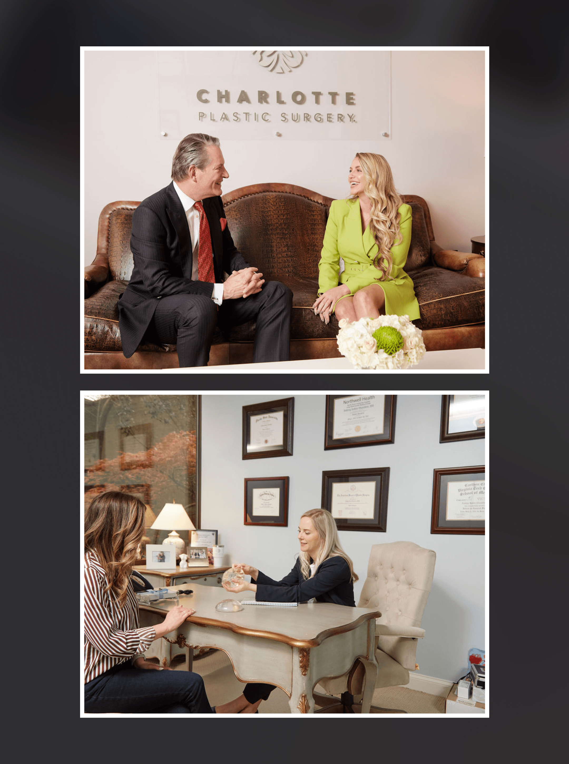 Consultation on a leather sofa beneath the Charlotte Plastic Surgery sign, with a desk meeting below framed diplomas