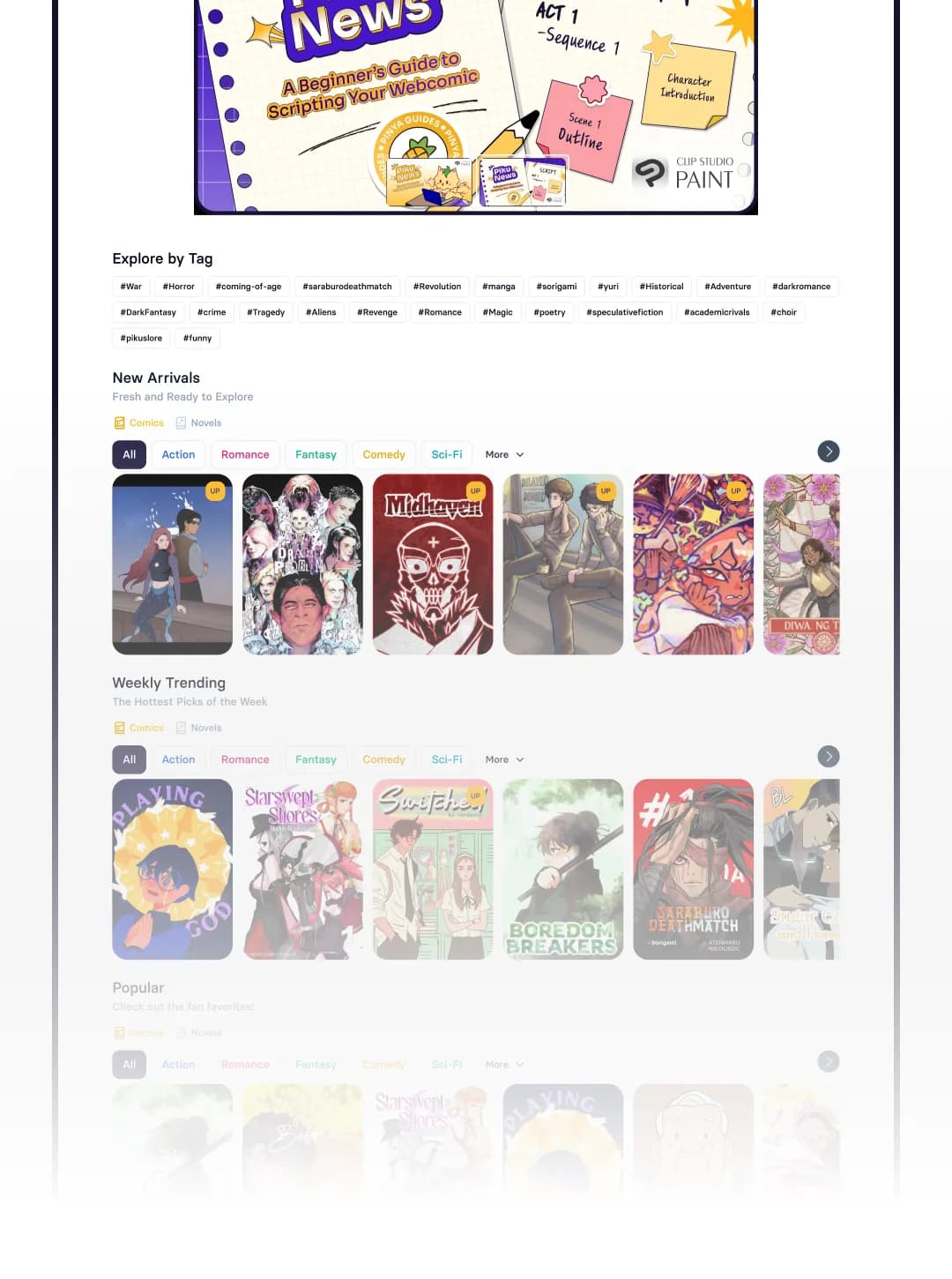Pinya.io feed showing a Beginner's Guide to Scripting Your Webcomic banner above Explore by Tag chips and cover rows